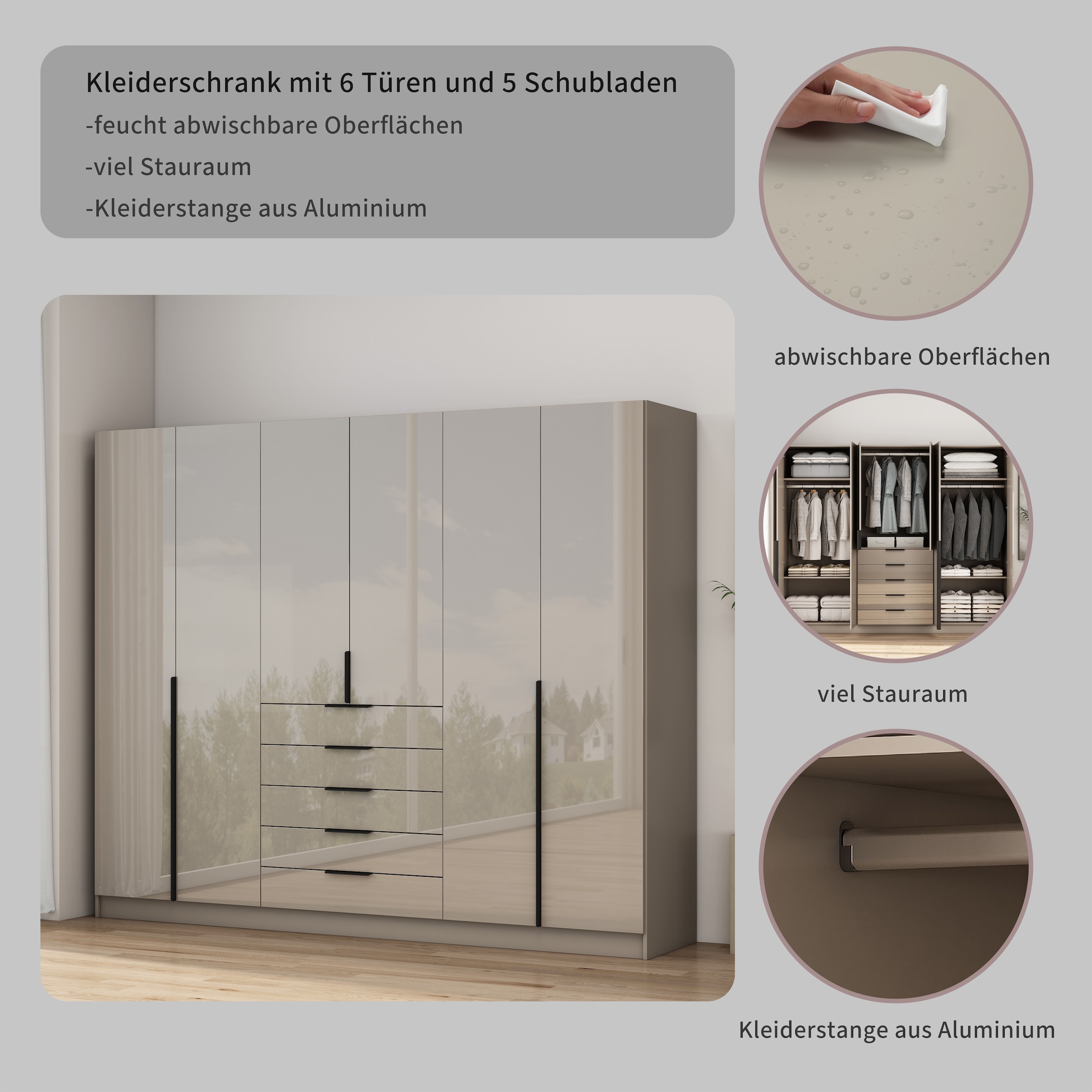 OTTO home Kleiderschrank »Annor Schlafzimmerschrank Breite 242cm hochglanz Schrank Garderobe« Drehtürenschrank mit perfekter Innenausstattung - elegante Türgriffe