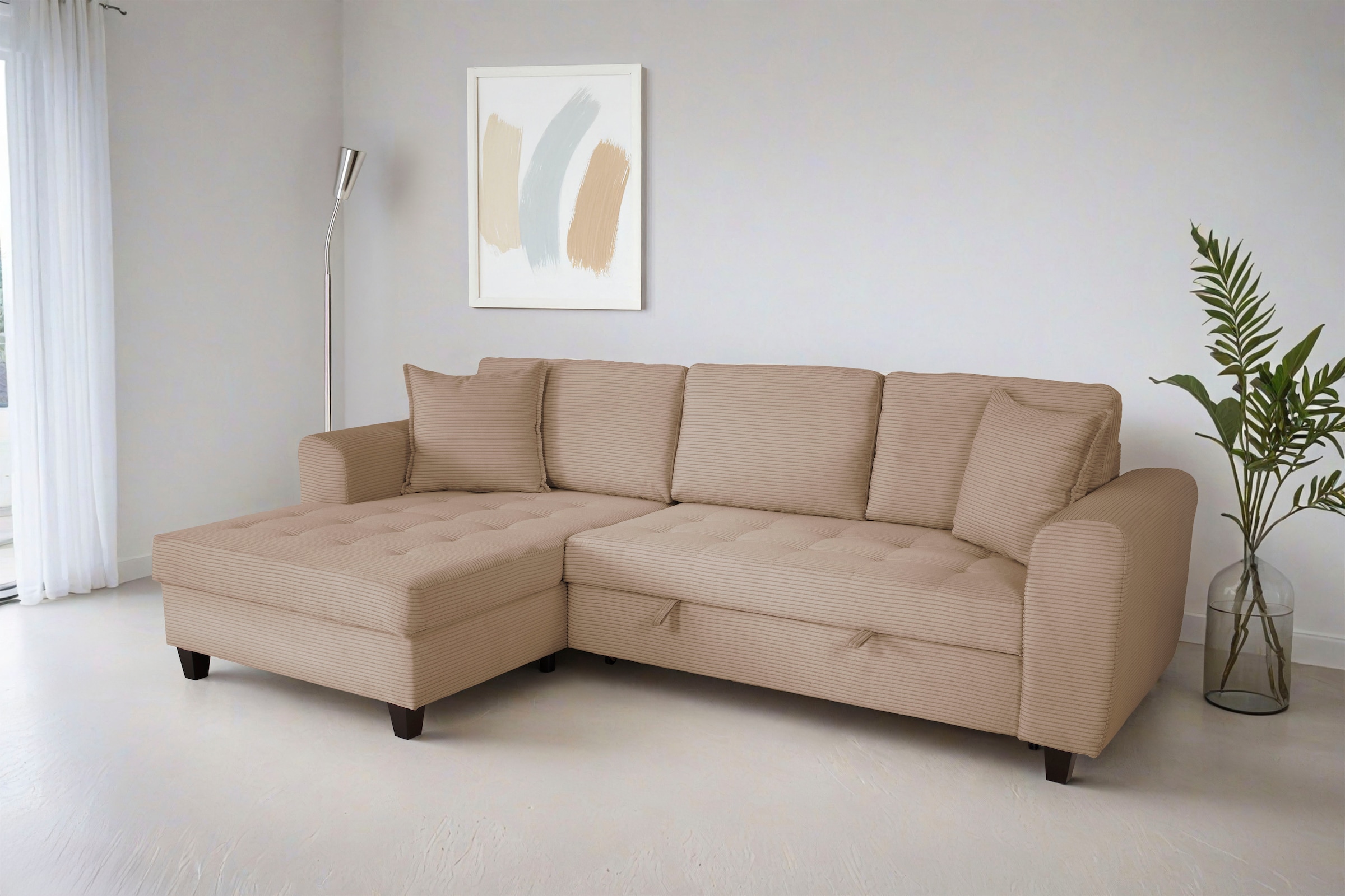 OTTO home Ecksofa "Moritz L-Form, B: 265 cm" mit Schlaffunktion, Bettkasten & Zierkissen