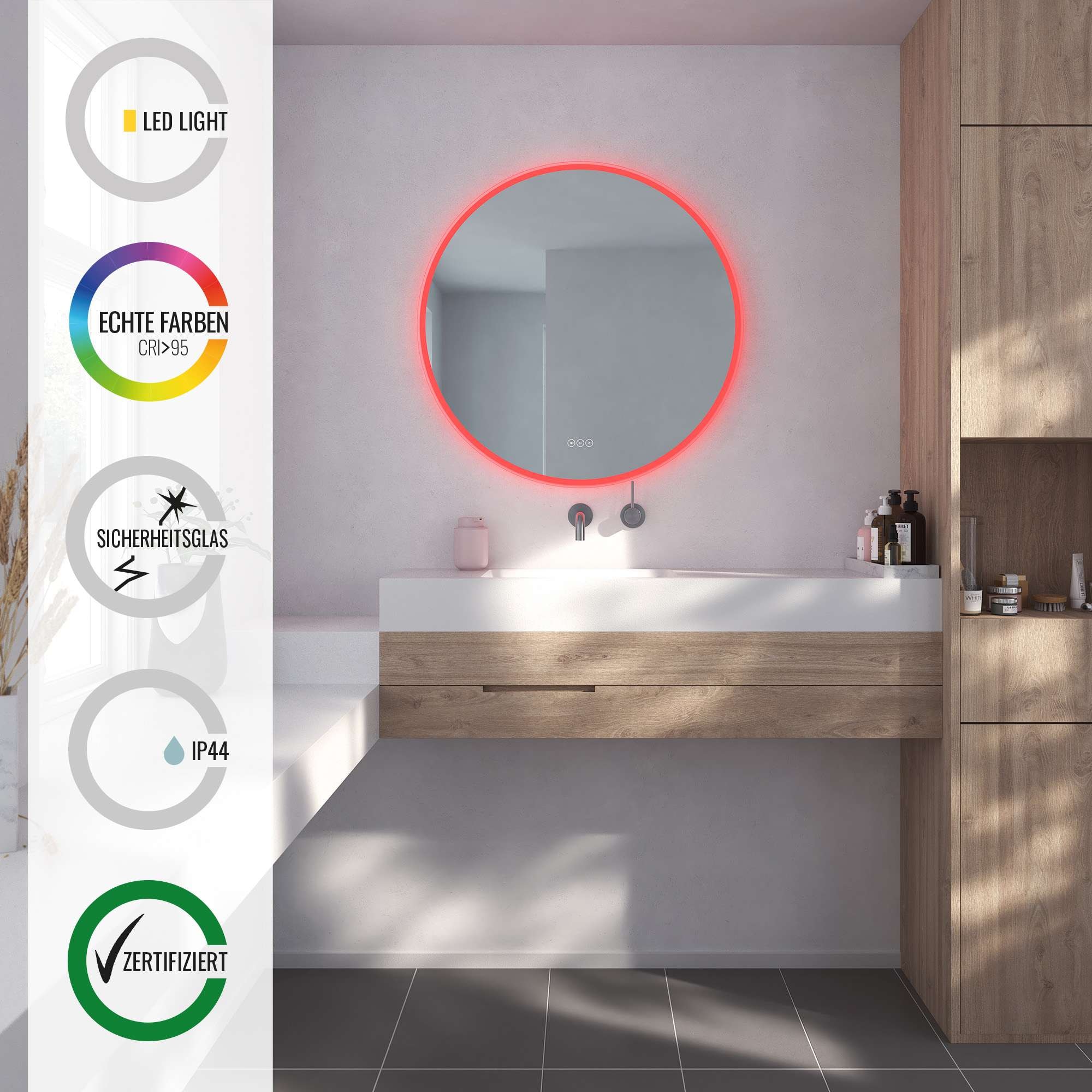 Loevschall Badspiegel »Johannesburg RGB Badezimmerspiegel, rund, Farbwechsel, dimmbar«, mit MultiWhite® und RGB-Licht, Touchpanel für Lichtsteuerung