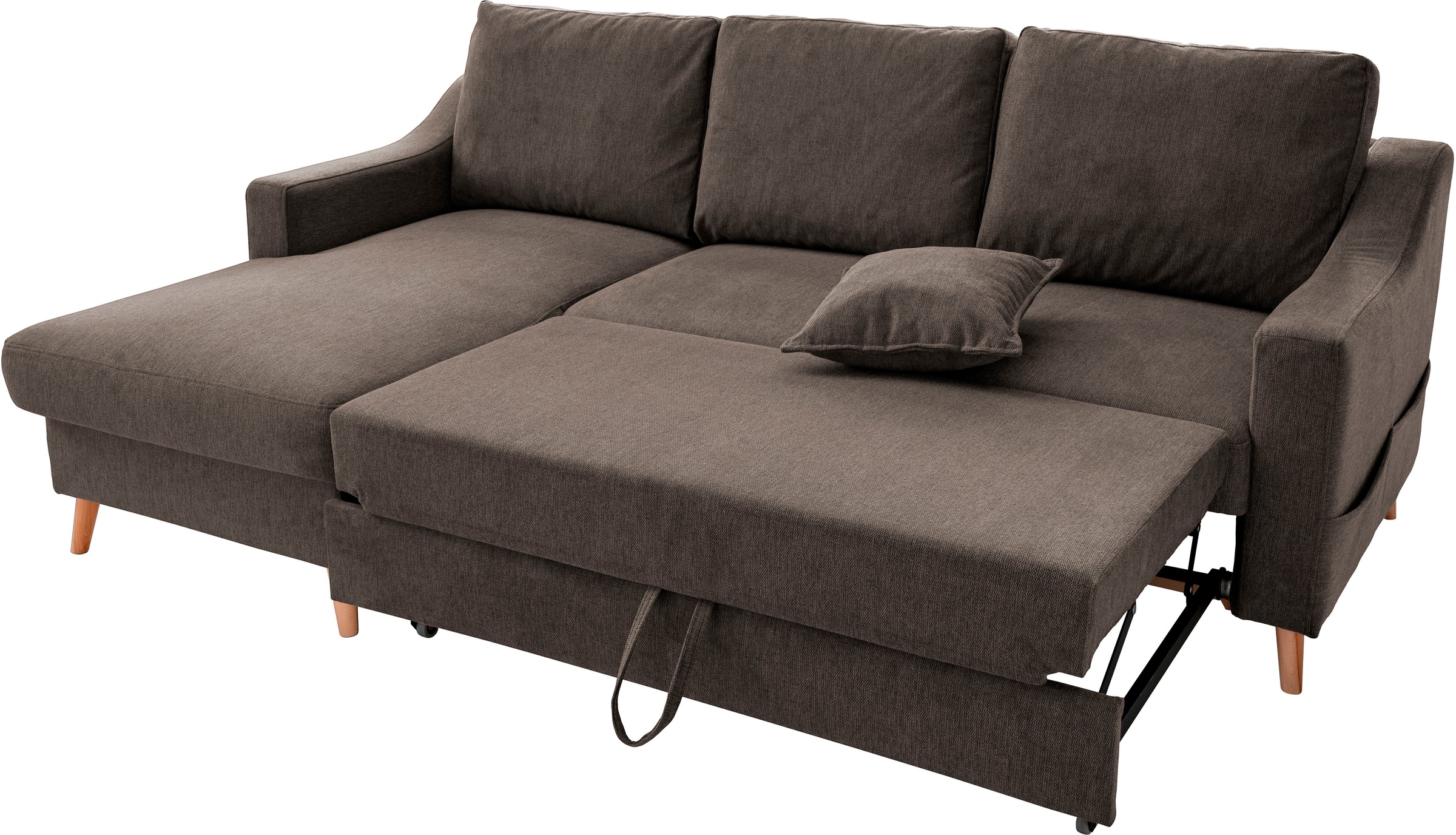 INOSIGN Ecksofa »Valentina L-Form«, 2 Zierkissen, mit Seitentasche, ausziehbarer Liegefläche, Bettkasten