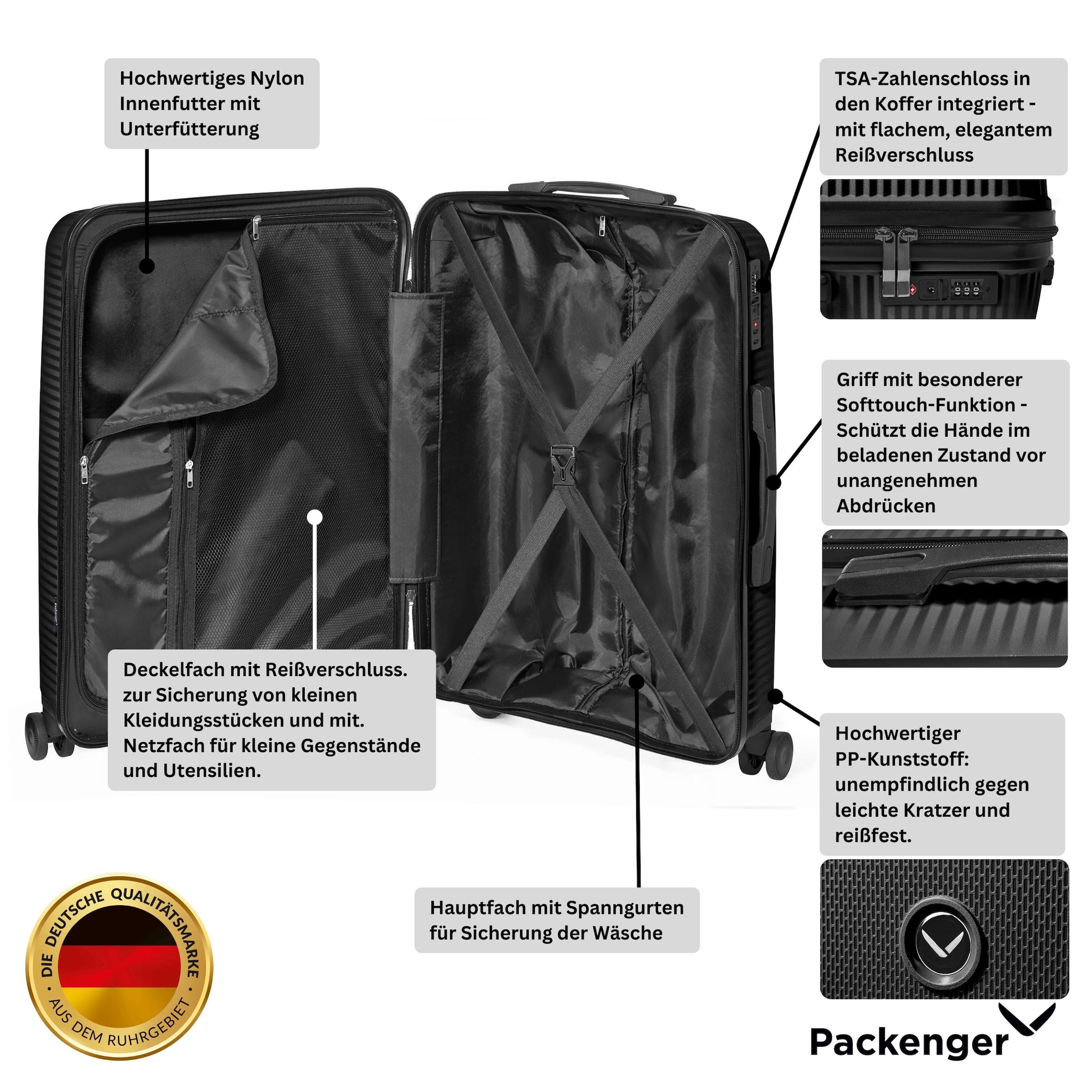 Packenger Kofferset »Macario«, (Set, 3 tlg., Koffer M, L, XL), Travel-Set, Reiseset, Koffer klein mittel groß, Trolleyset