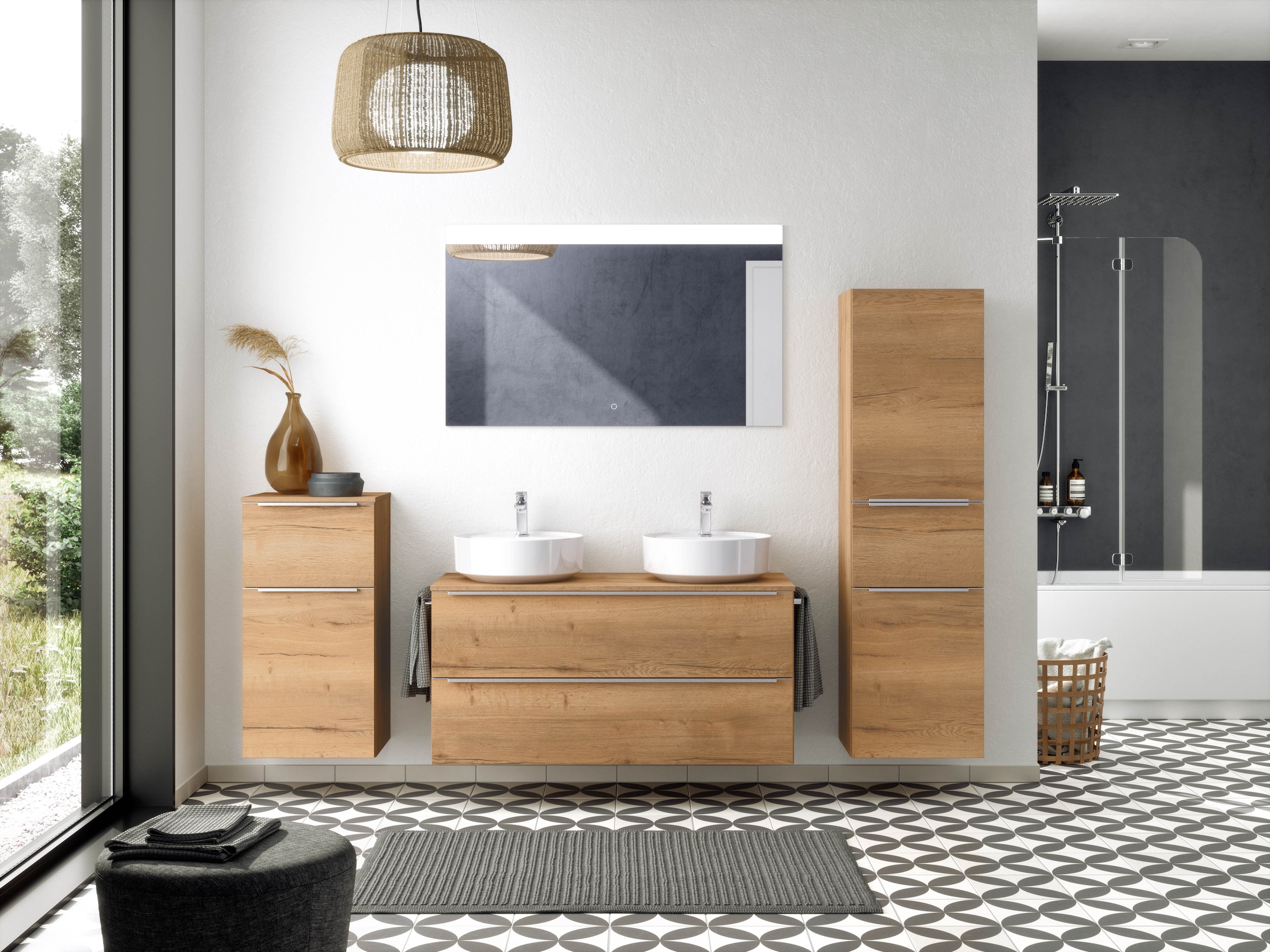 nobilia® Badmöbel-Set »Alvene«, (2 St., vormontiert, mit Soft-Close), inkl. Spiegel mit Touch-Sensor, in vier Breiten