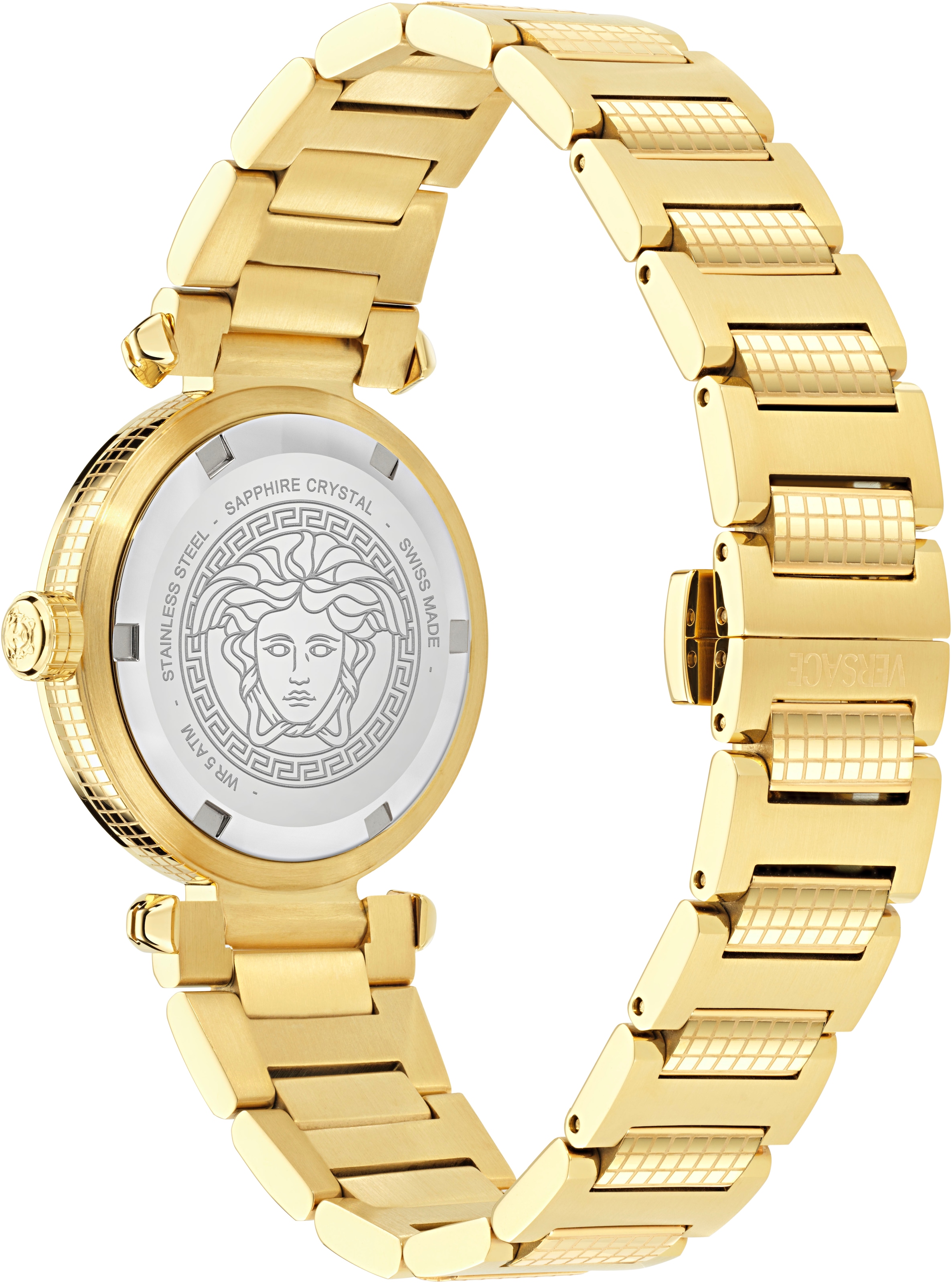 Versace Quarzuhr »VERSACE GREEK«, Armbanduhr, Damenuhr, Swiss Made, Edelstahlarmband, analog
