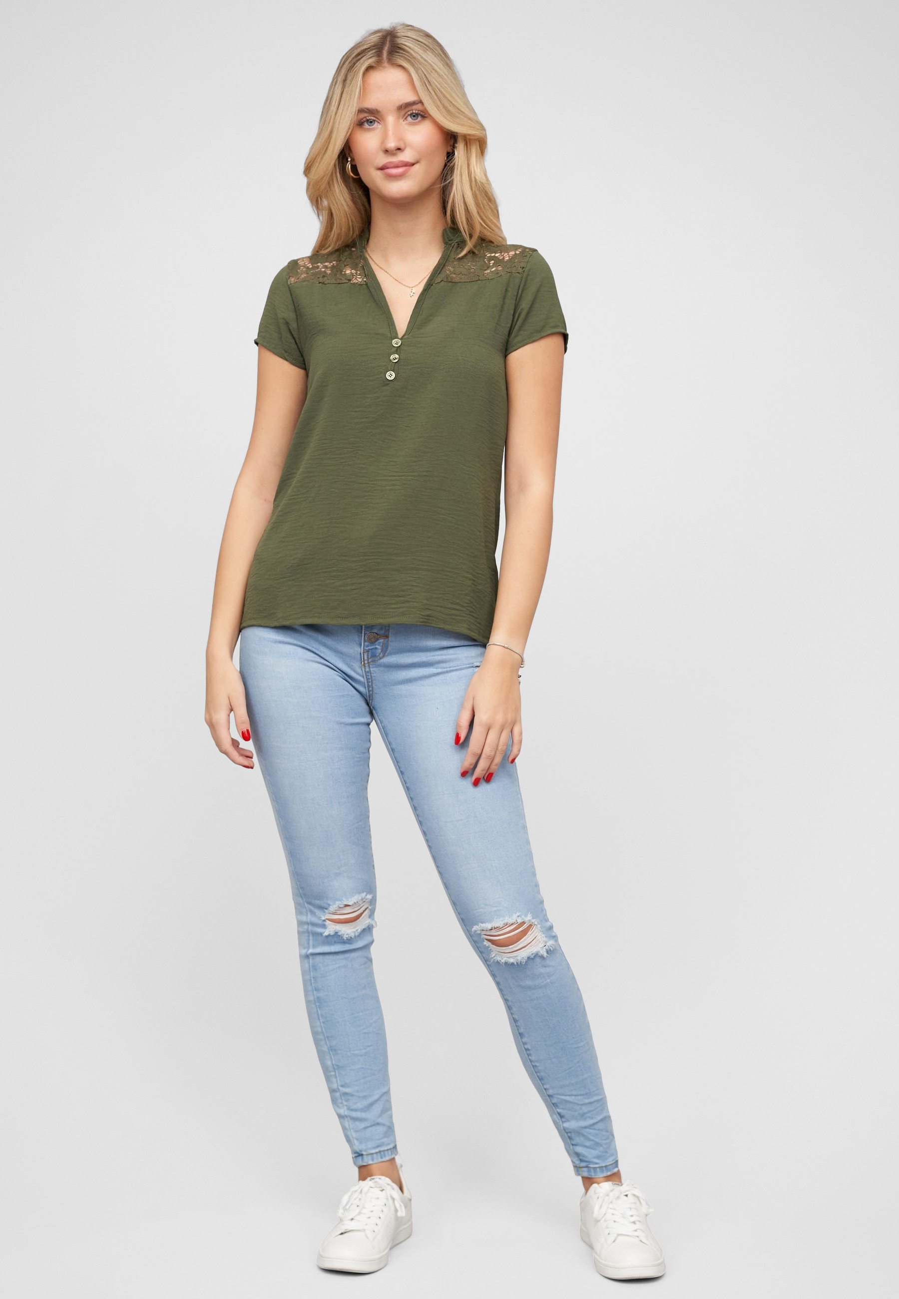 CLOUD 5IVE Klassische Bluse »CLOUD 5IVE Musselin Shirt V-Neck mit Deko Knopfleiste und Spitze«