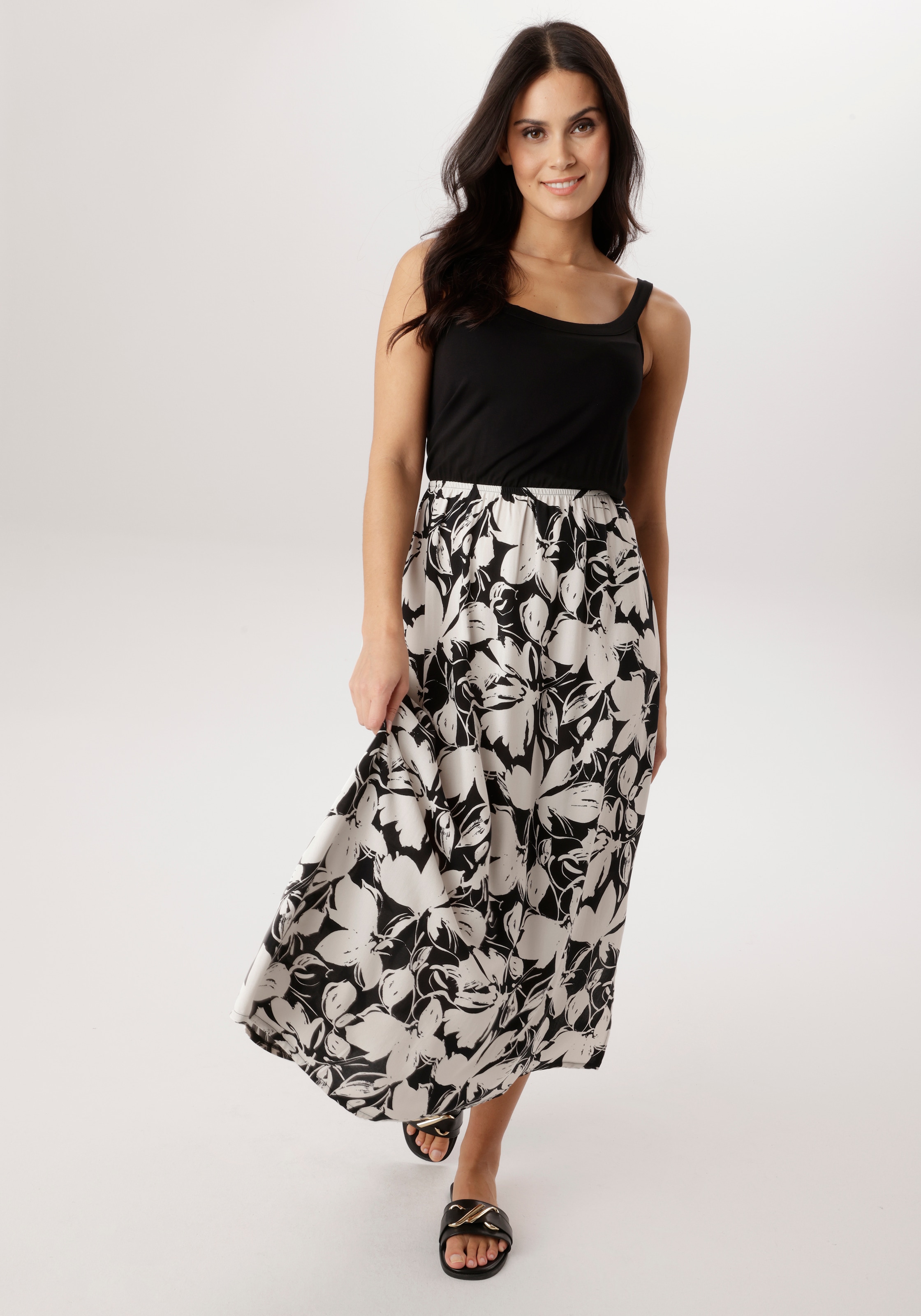 Aniston SELECTED Sommerkleid unifarbenes Shirtteil und geblümten Rockteil - günstig online kaufen