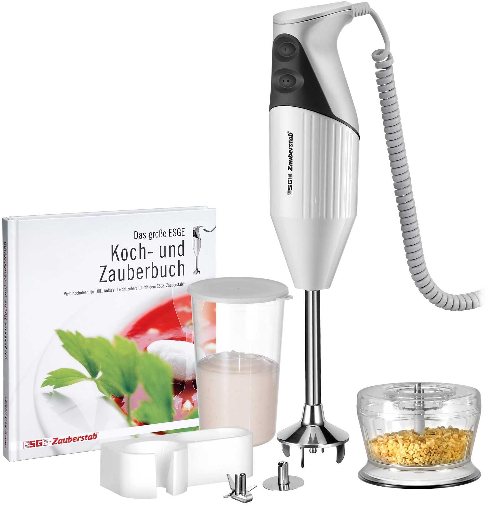 ESGE-ZAUBERSTAB Stabmixer "M160 G Gourmet mit Zerkleinereraufsatz+Gratis ESGE Zauberstab Kochbuch", H:34,5cm, schwarz-weiß, Mixer, bis 15.000 U/Min.,