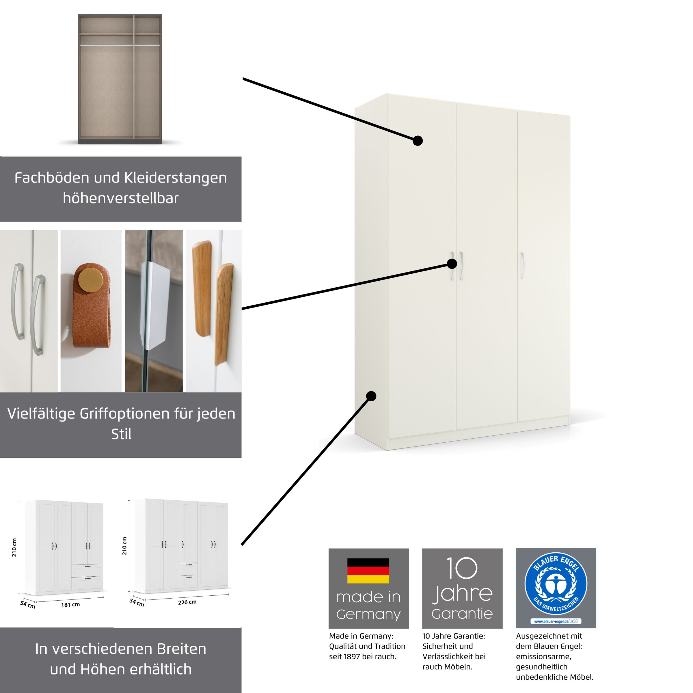 Thumbnail - rauch Kleiderschrank "Skandi by Quadra Spin Schlafzimmerschrank", im Landhaus-Stil mit Massivholzgriffen aus Wildeiche