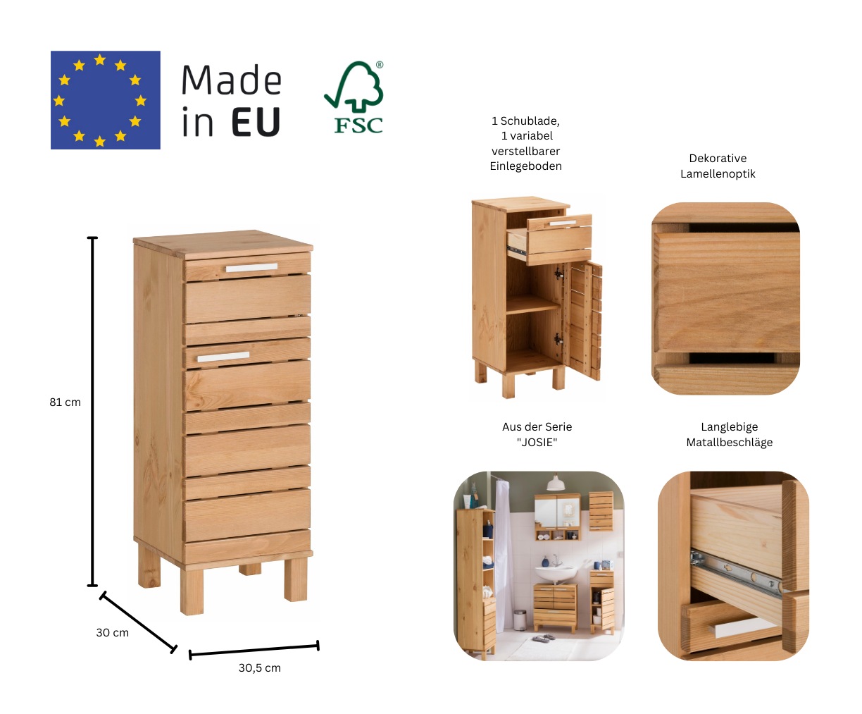 Home affaire Unterschrank »JOSIE«, Breite 30,5 cm, aus Massivholz, verstellbarer Einlegeboden