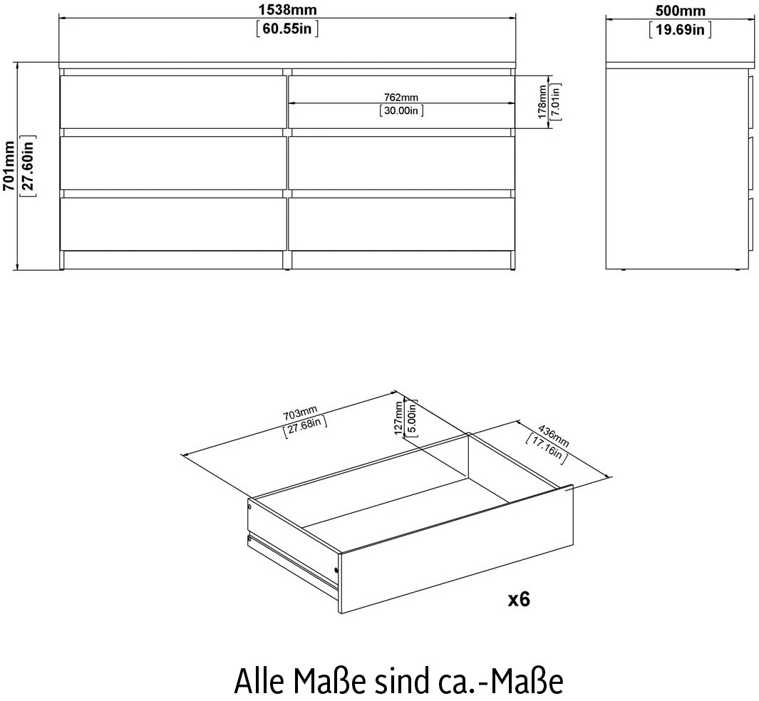 INOSIGN Kommode »Naia, Aufbewahrung, Schubladenschrank, Sideboard,«, Sideboard mit 6 Schubladen, Breite 153 cm, Höhe 70 cm