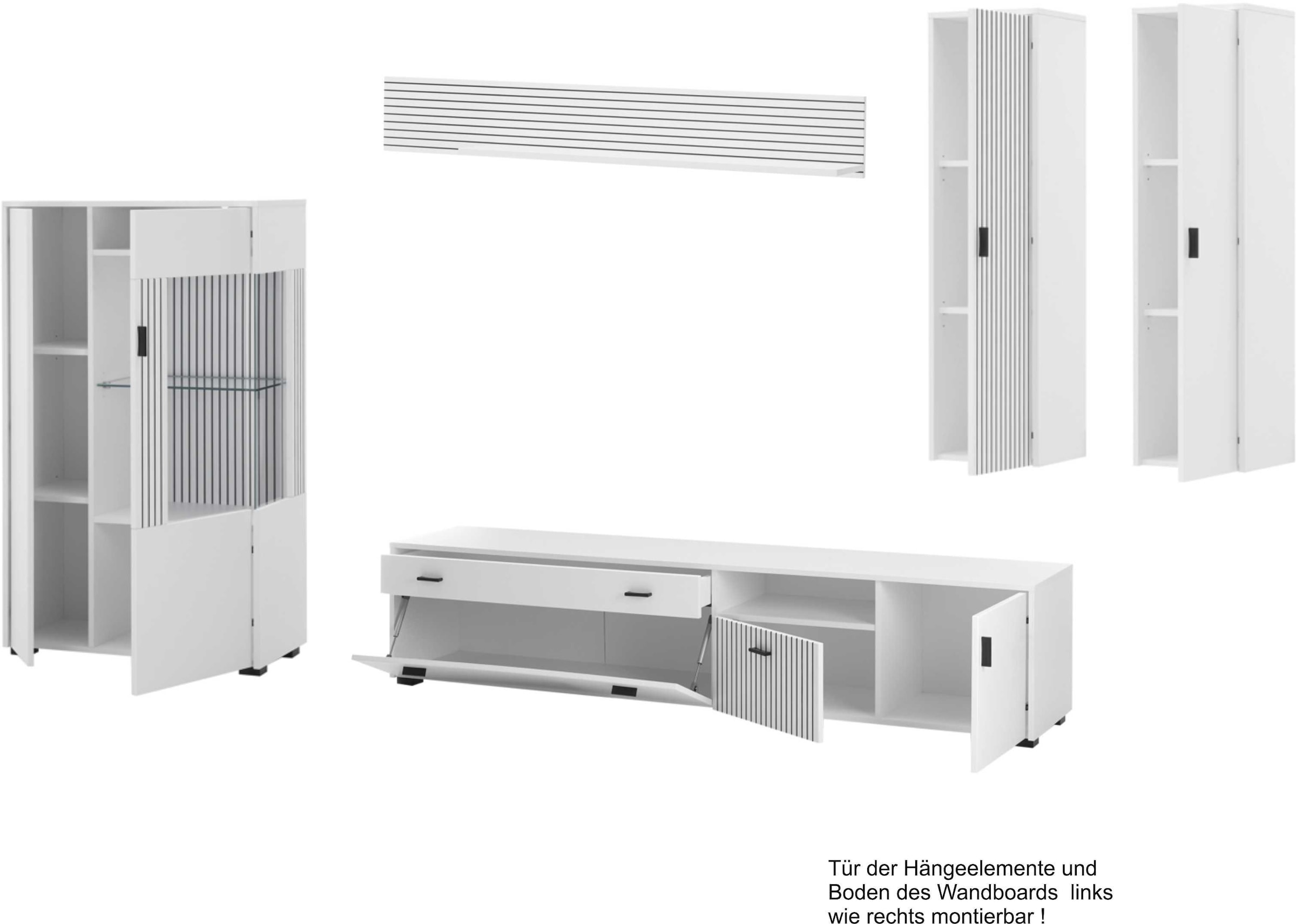 INOSIGN Wohnwand »HUDSON«, (Set, 5 St.), mit moderner Rillenoptik, Griffe aus Metall (Schwarz), Breite 328 cm