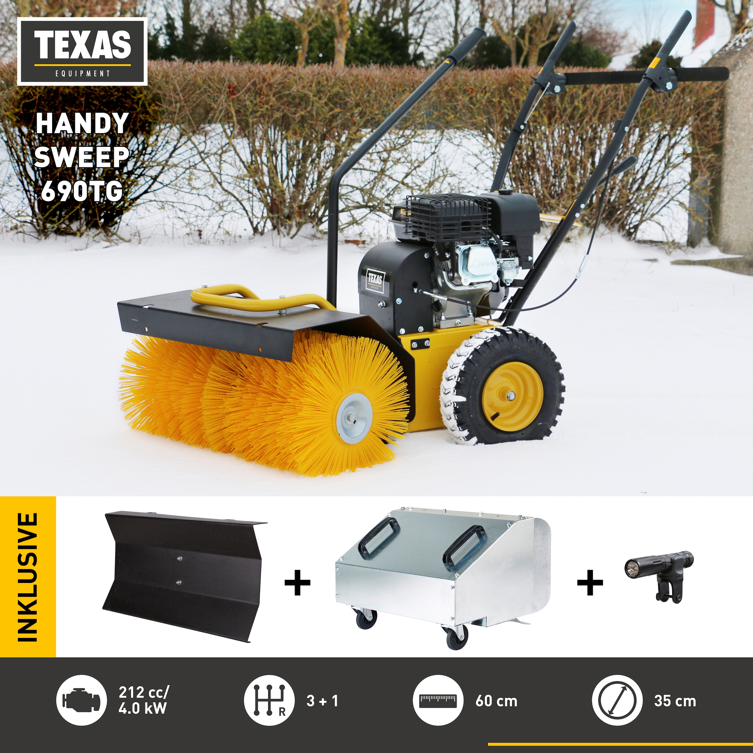 Texas Benzin-Kehrmaschine »Handy Sweep 690TG«, (Set), inkl. Schneeschild, Sammelbehälter und LED Licht