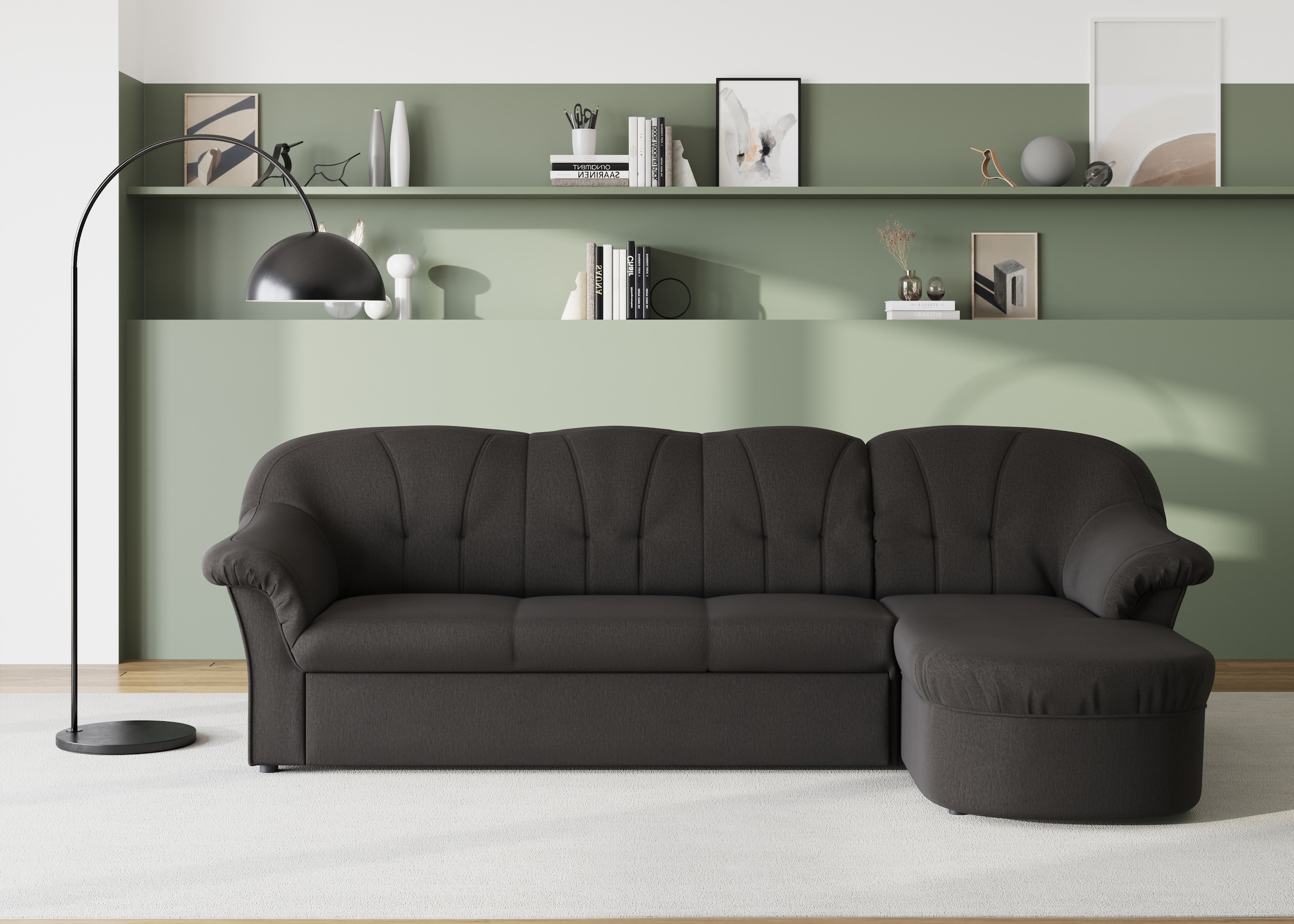 DOMO collection Ecksofa "Pegnitz, elegante Rückensteppung, kompakte Stellmaße 238/141cm, L-Form" wahlweise mit Bettfunktion
