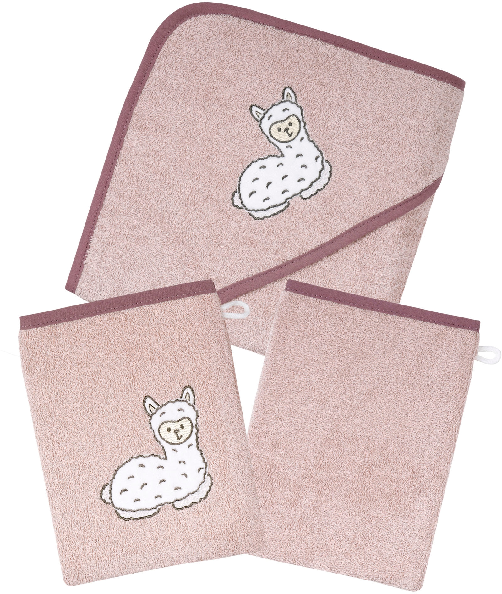 Handtuch Set WÖRNER, rosa, Frottier, Obermaterial: 100% Baumwolle, Handtücher, "Lama rosa Kapuzenbadetuch mit 2 Waschhandschuhen", mit süßer