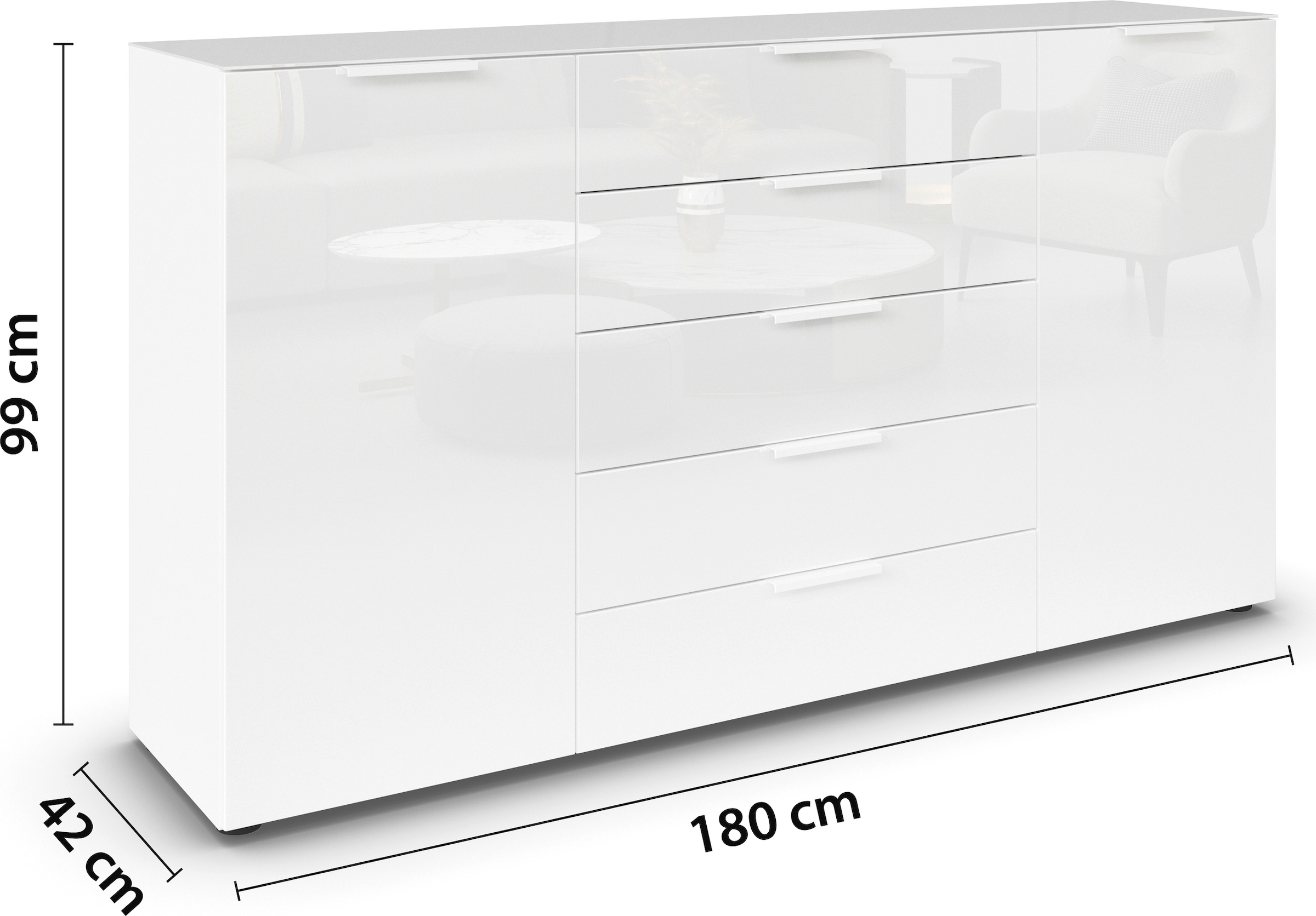 rauch Schubkastenkommode »Kommode Türkommode Sideboard Kombikommode FLIPP mit Glasfront«, (Breite 160/180 cm mit 4 Einlegeböden), 2-türig, 5 Schubladen, Soft-Close, Oberboden und Front Glas, 2 Breiten
