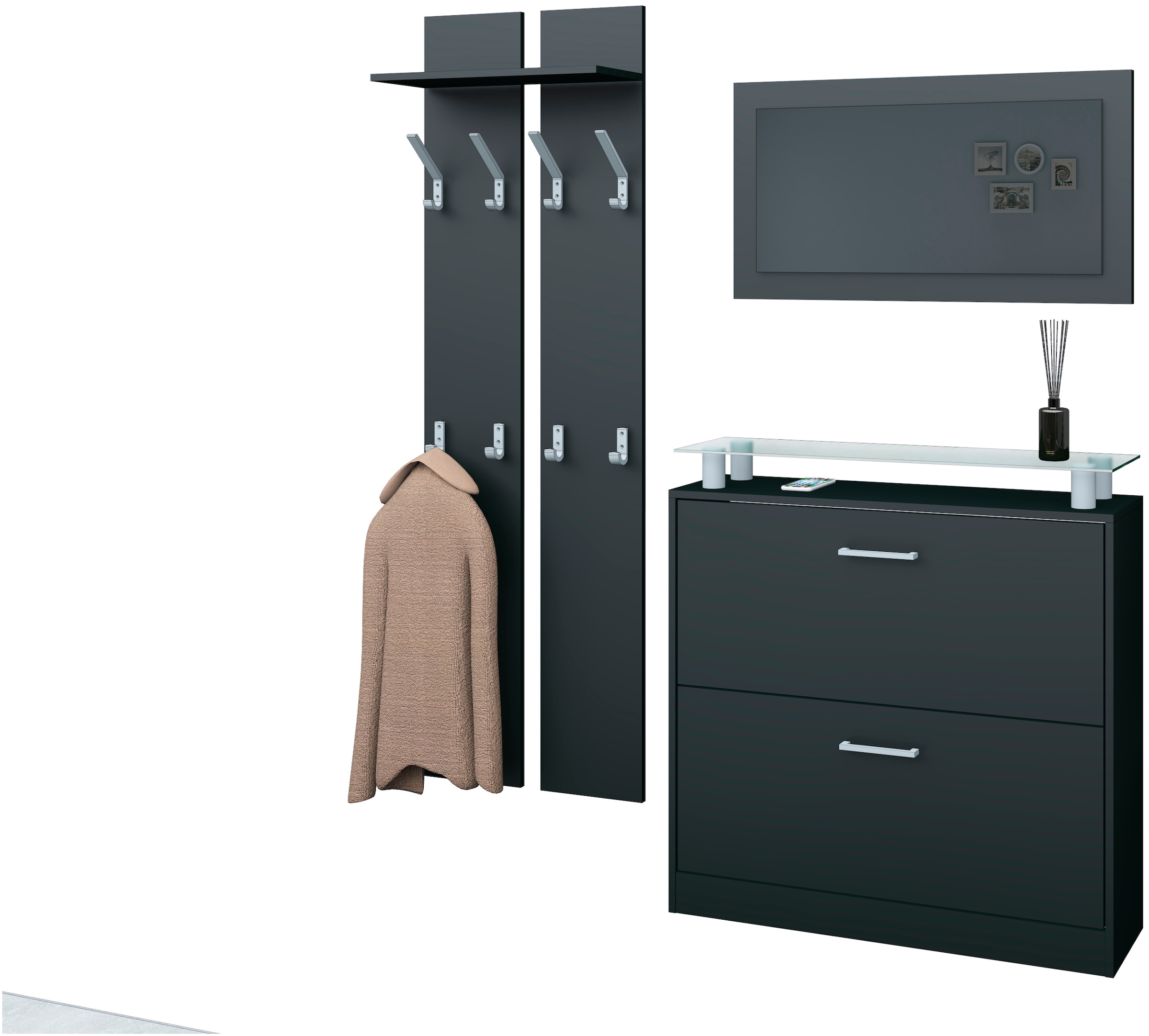 Garderoben-Set BORCHARDT MÖBEL, schwarz, Flur, Kastenmöbel-Sets, "Finn", mit Glasablage