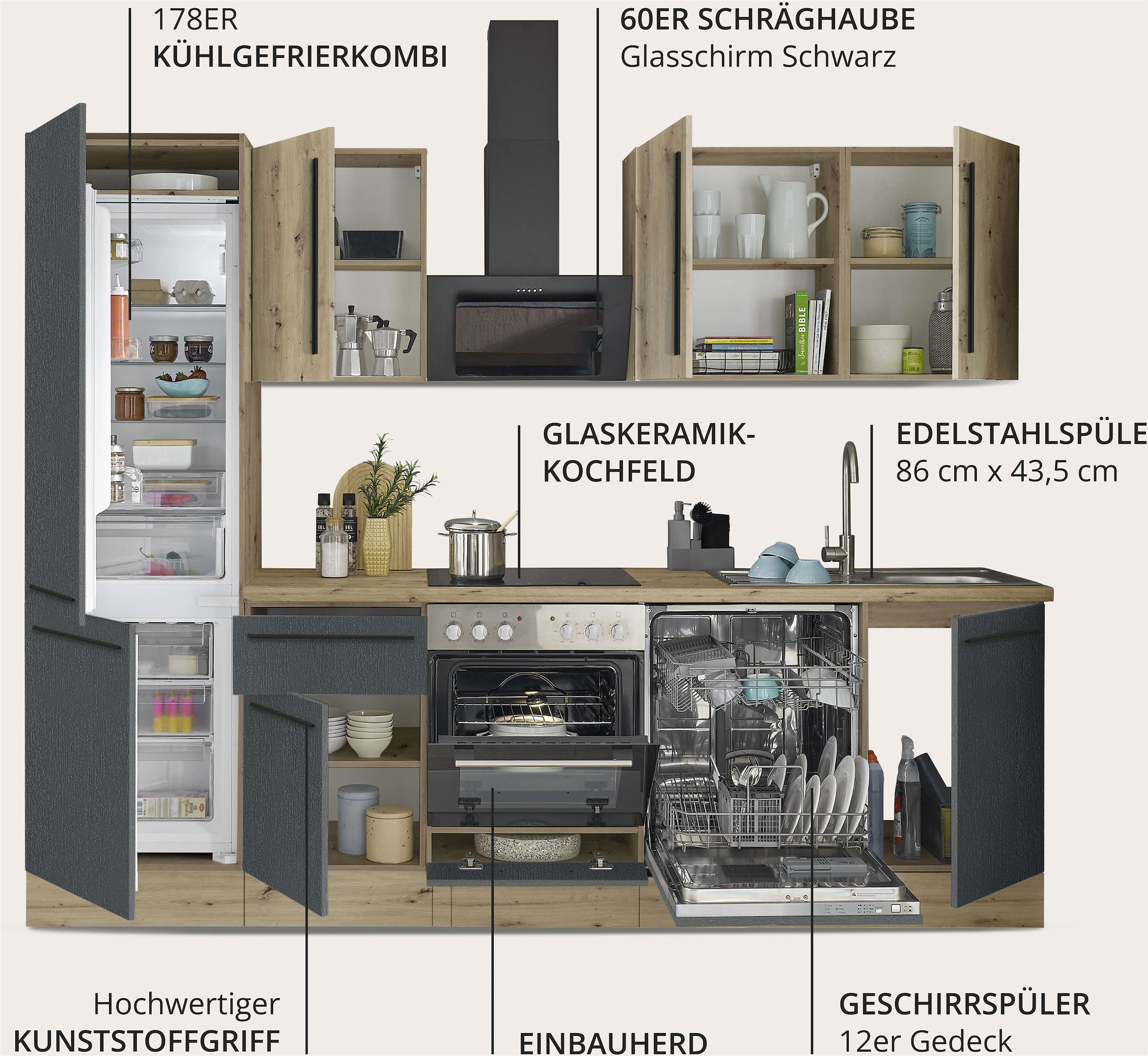 KOCHSTATION Küchenzeile »KS-Florida mit 38mm starker Arbeitsplatte«, Breite 280 cm, wahlweise mit E-Geräten, Soft-Close-Funktion