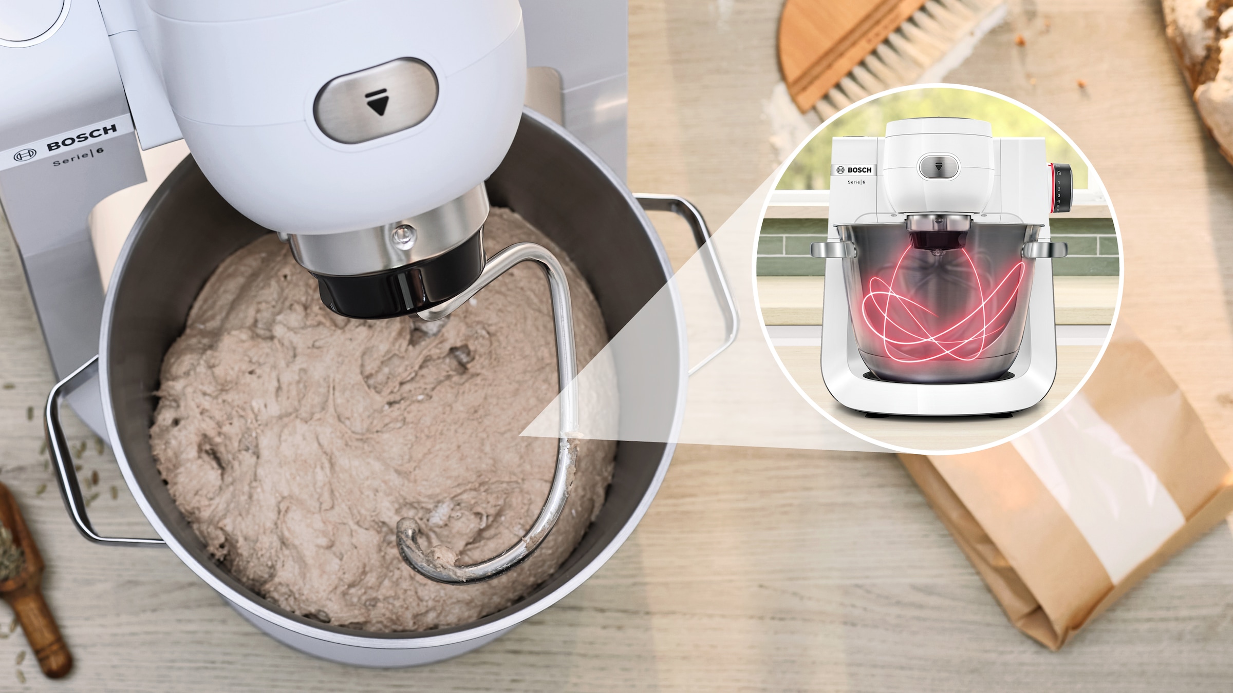 BOSCH Küchenmaschine »Serie 6 MUMS6EW18, 2 Schüsseln (Edelstahl, Kunststoff), Deckel, weiß«, 7 Stufen, Knethaken/Rühr-/Silikonbesen, spülm.fest, Schüssel BPA-frei