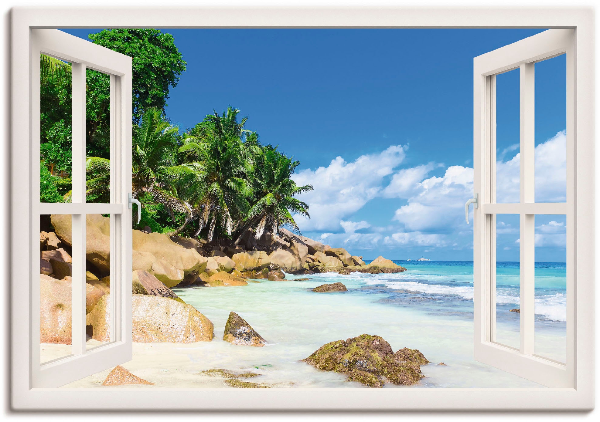Artland Wandbild "Küste mit Palmen durchs Fenster" Karibikbilder 1 Stk. tlg günstig online kaufen