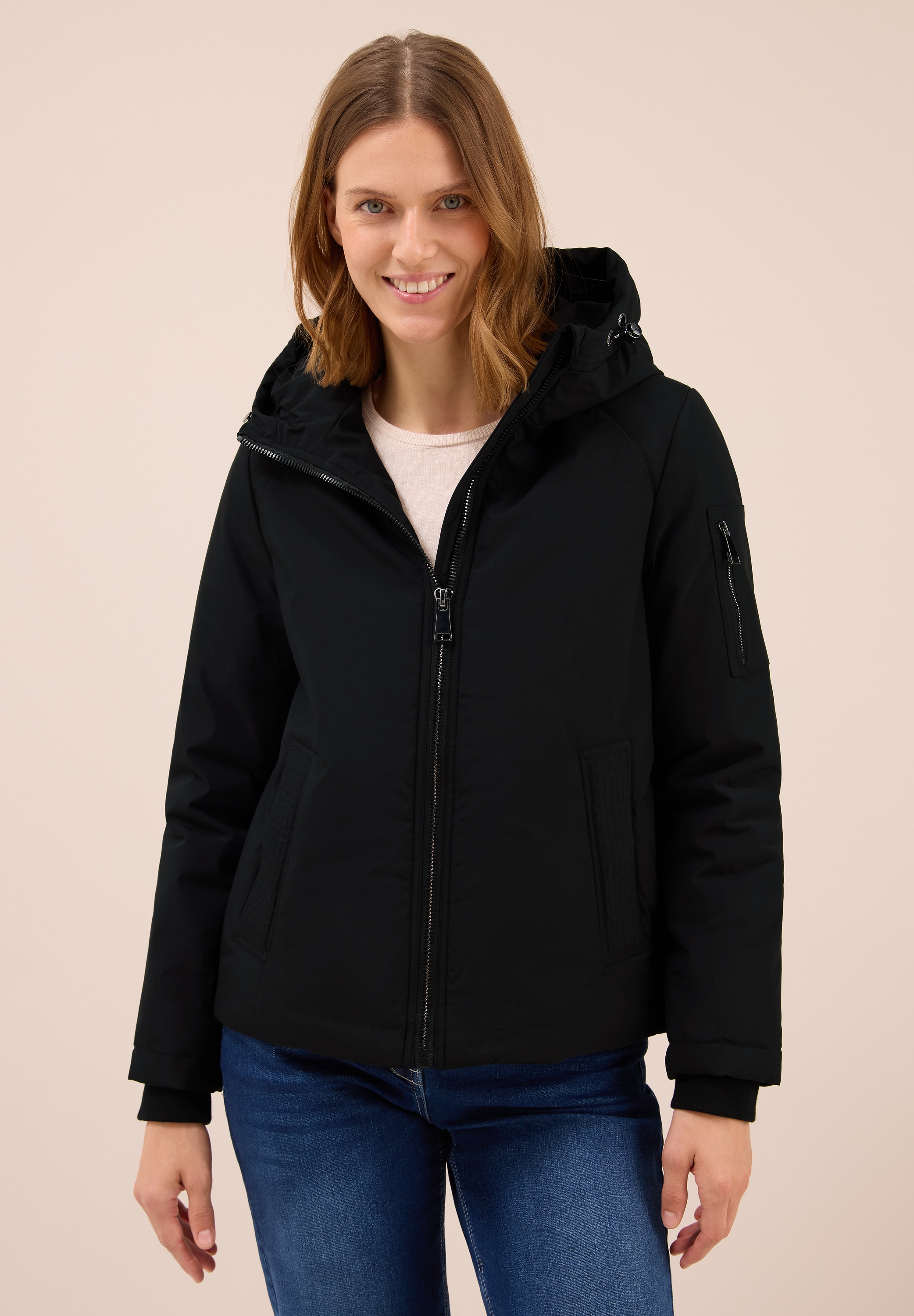 Outdoorjacke CECIL, Damen, Gr. XL (44), schwarz, Stoff, Obermaterial: 100% Polyester; Futter: 100% Polyester; Füllung: 100% Polyester, unifarben, normal normal, ohne Ausschnitt, elastischer Bund, Jacken Outdoorjacke, mit Kapuze