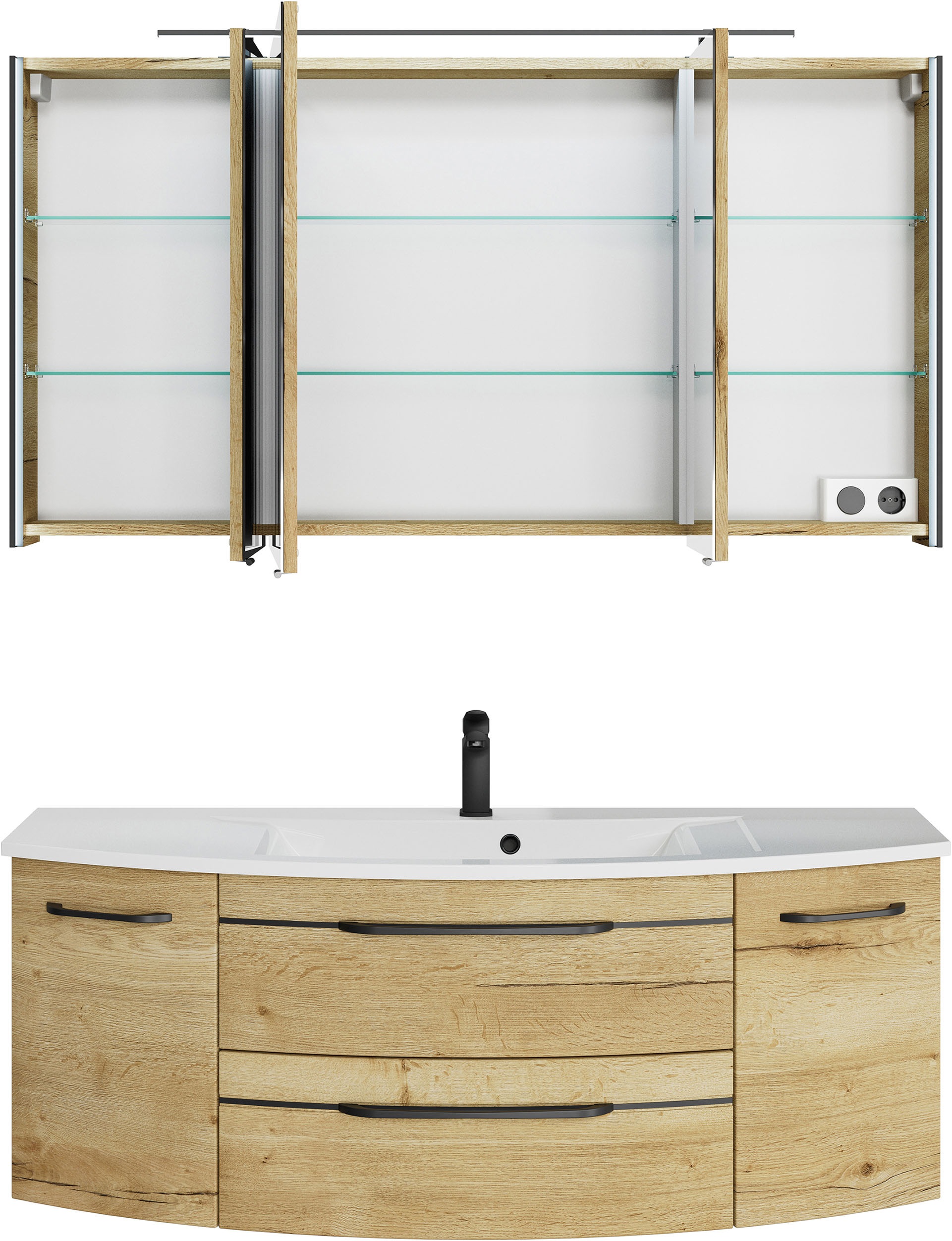 Saphir Badmöbel-Set »Serie 7045 2-teilig Mineralmarmor-Waschtisch mit LED-Spiegelschrank«, (Set, 2 St.), Badezimmer-Set 133,2 cm breit, inkl. Türdämpfer, 5 Türen, 2 Schubladen