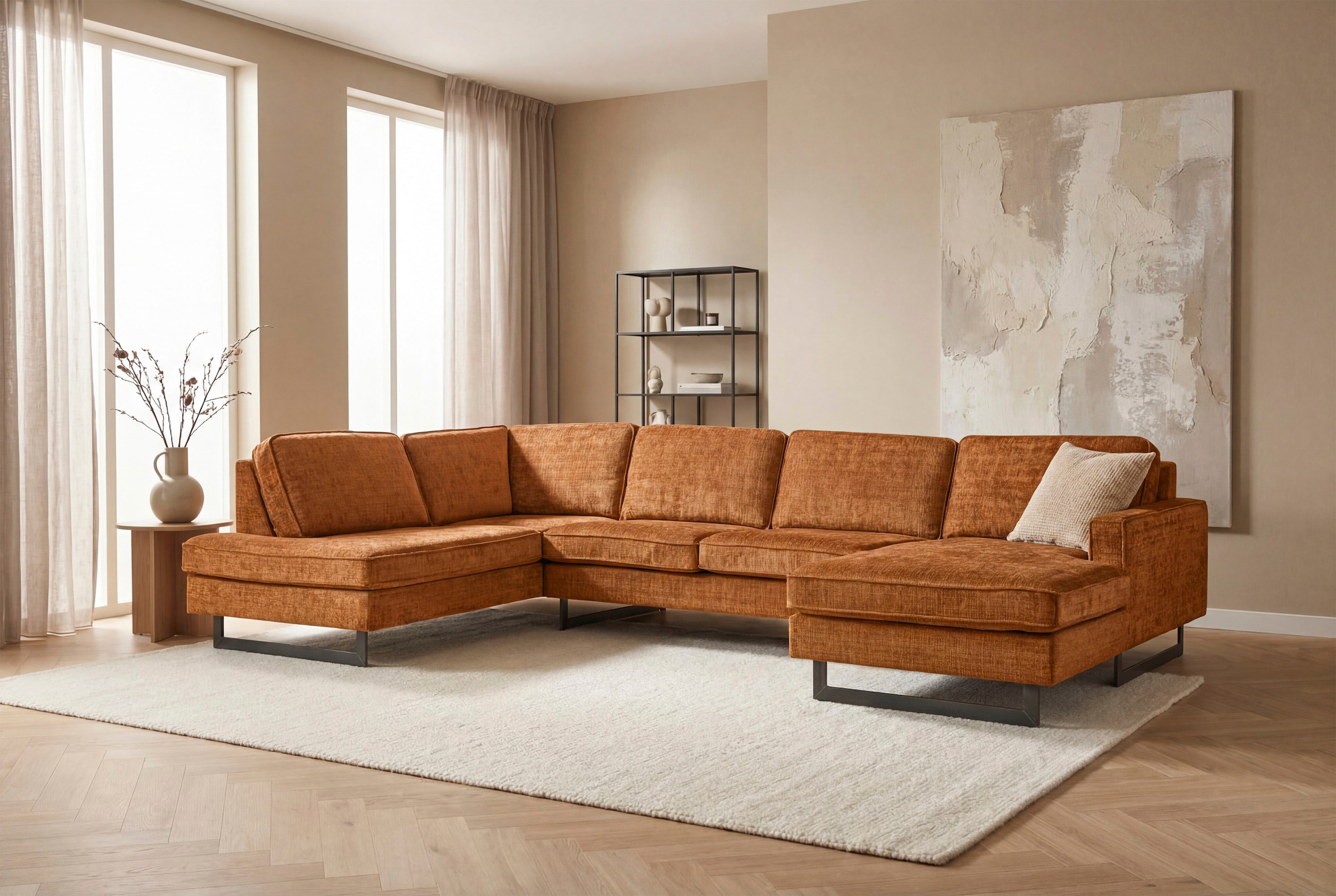 OTTO home Wohnlandschaft "Pinto, 350 cm, U-Form, XXL, mit Ottomanen" Cord, Chenille, Lederoptik, mit Keder, Metallfüße, Wellenunterfederung