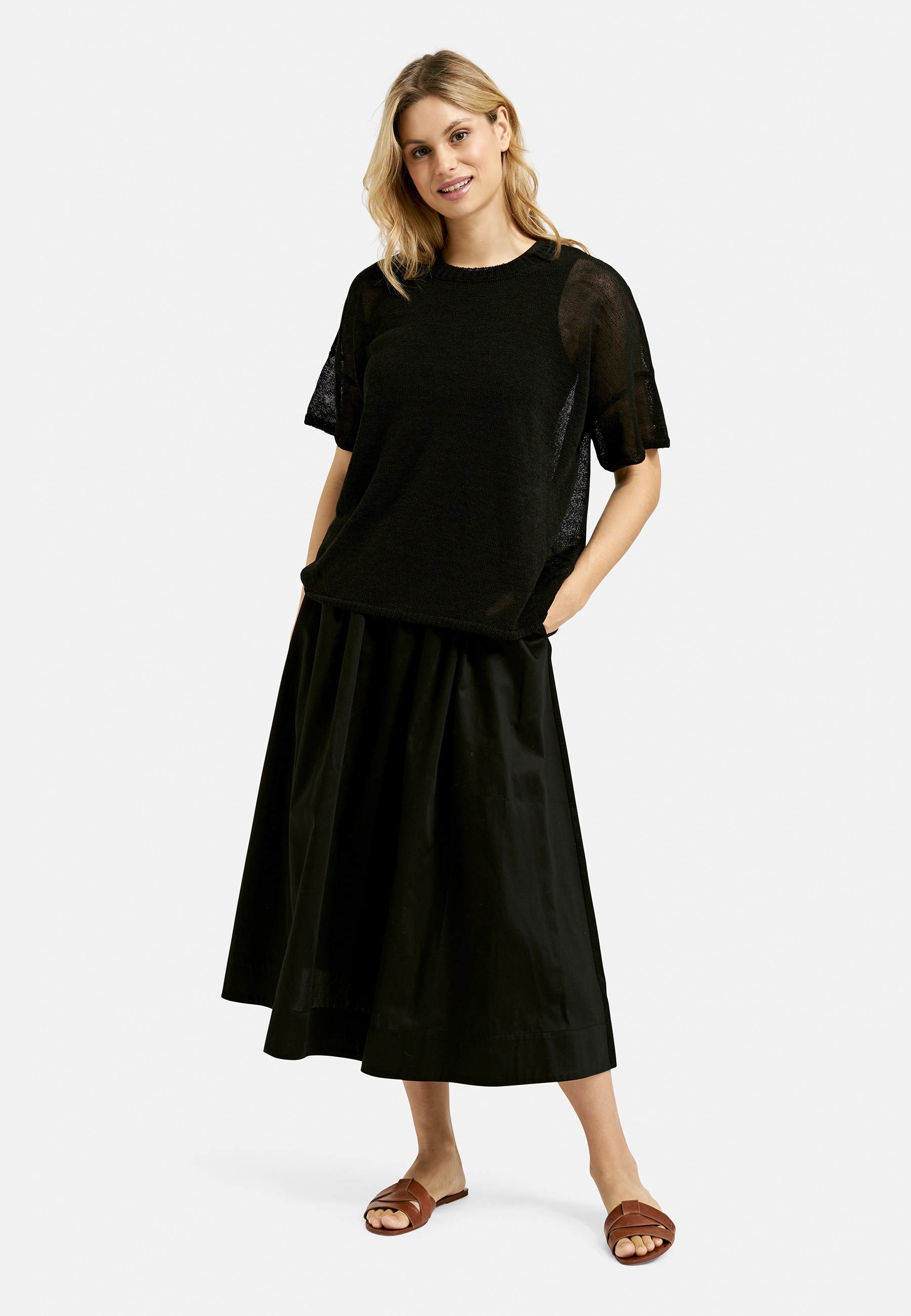 Rundhalspullover MILANO ITALY, Damen, Gr. M, schwarz, Strick, Material: 44% Leinen, 31% Baumwolle, 25% Polyamid, unifarben, oversize normal, Rundhals, Fledermausärmel gerader Abschluss, Pullover Rundhalspullover, mit überschnittenen Schultern 3