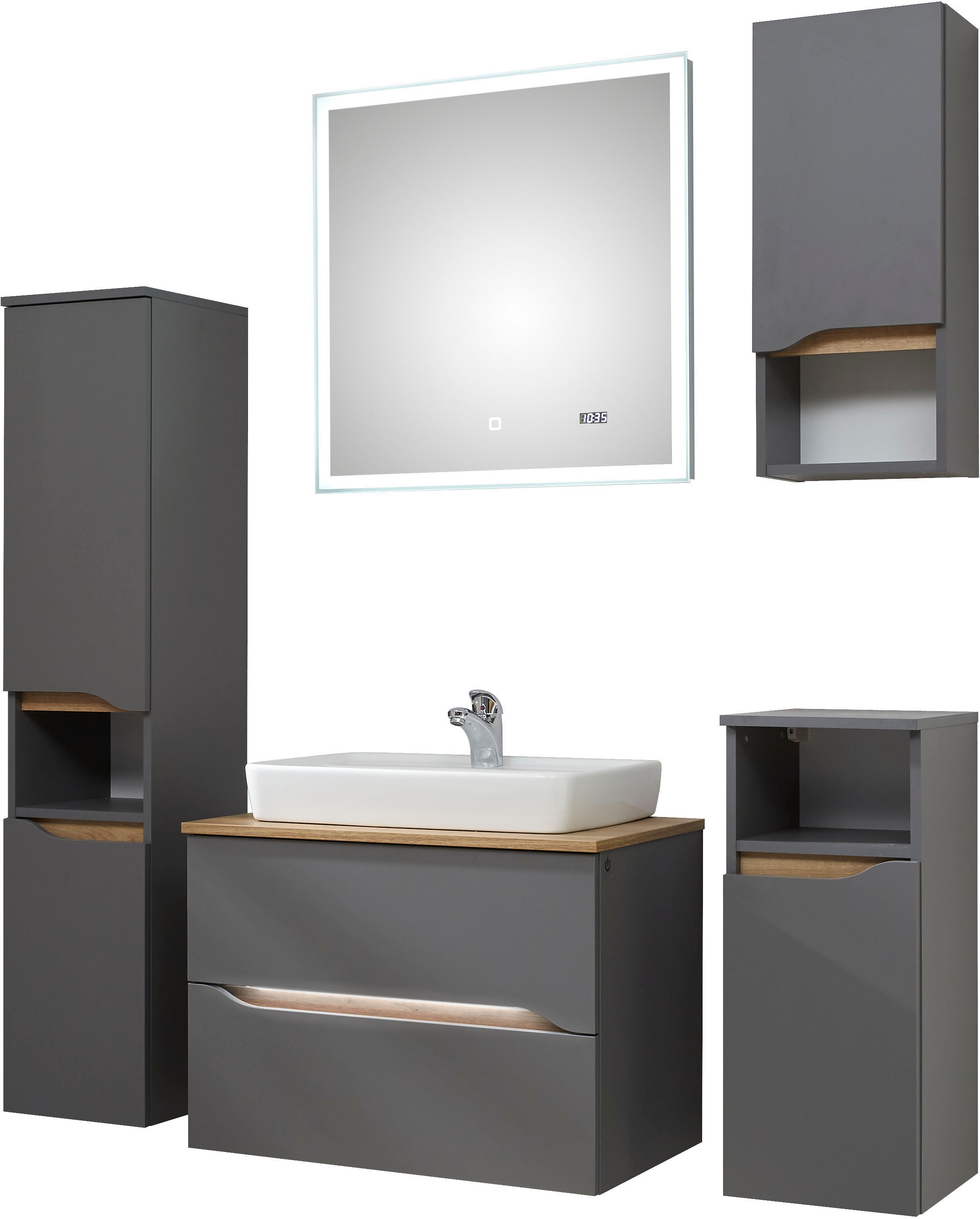 Thumbnail - Saphir Badmöbel-Set "Quickset 2-teilig, Keramik-Aufsatzbecken mit LED-Spiegel" 5 Stk. tlg.