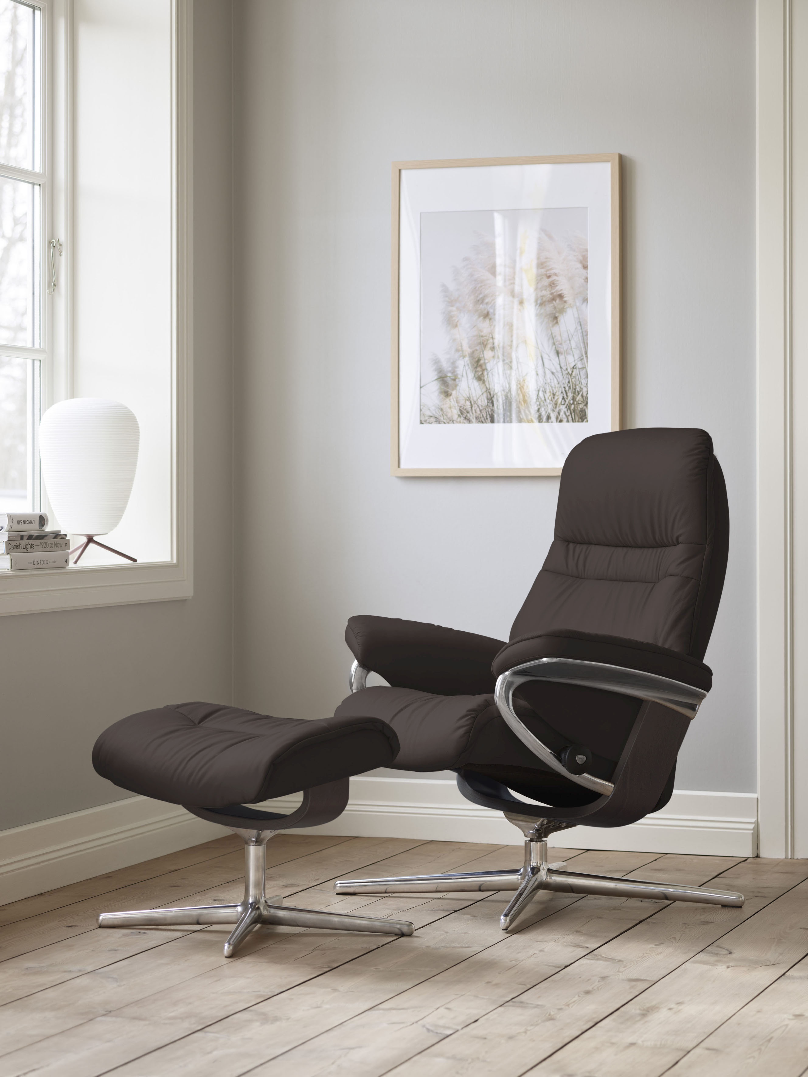 Stressless Relaxsessel "Sunrise" Set, Relaxsessel mit Hocker, mit Hocker, mit Cross Base, Größe S, M & L, Holzakzent Wenge