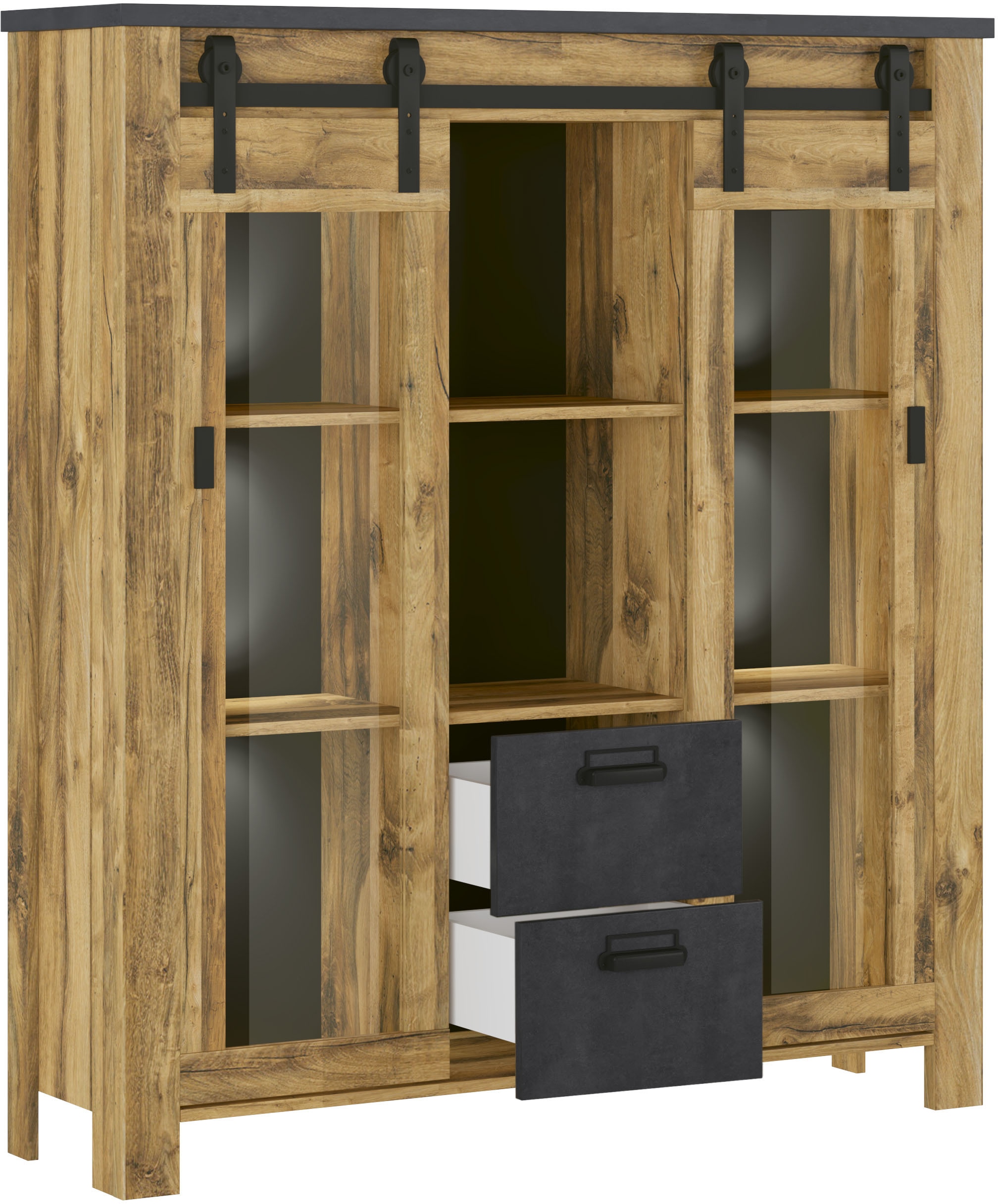 Home affaire Highboard »York, moderner Hochschrank, Vitrine in Hunton Oak, Industrialdesign«, mit Scheunentorbeschlägen & Apothekergriffen aus Metall, 150 cm hoch