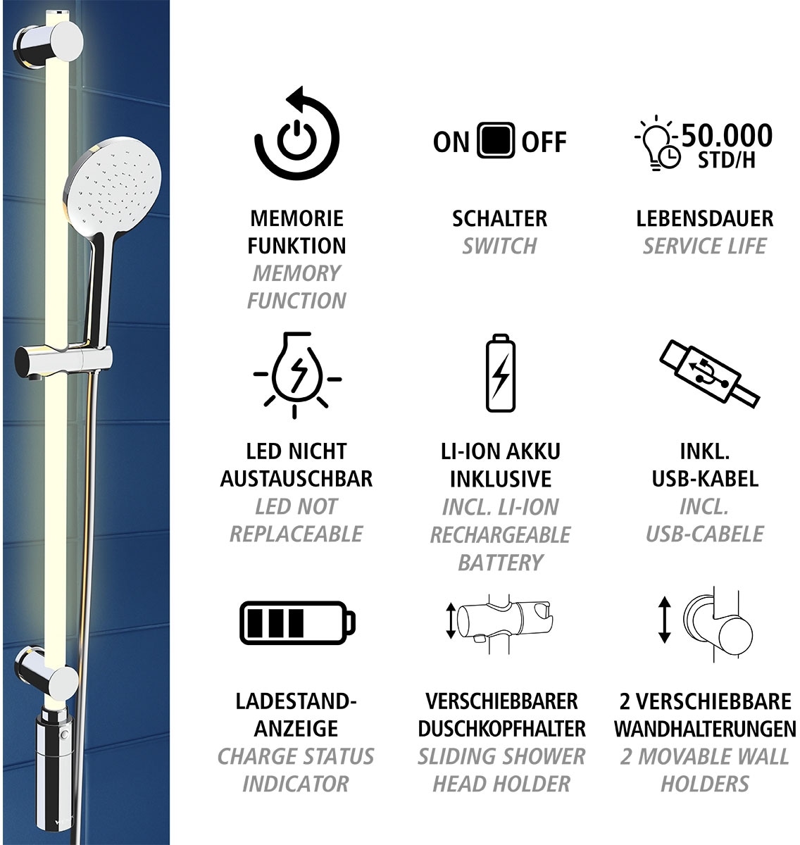 WENKO Stangenbrause-Set »Duschstange mit LED-Beleuchtung«, (3 tlg.), mit Duschkopf und Duschschlauch, inkl. wiederaufladbarer Einheit