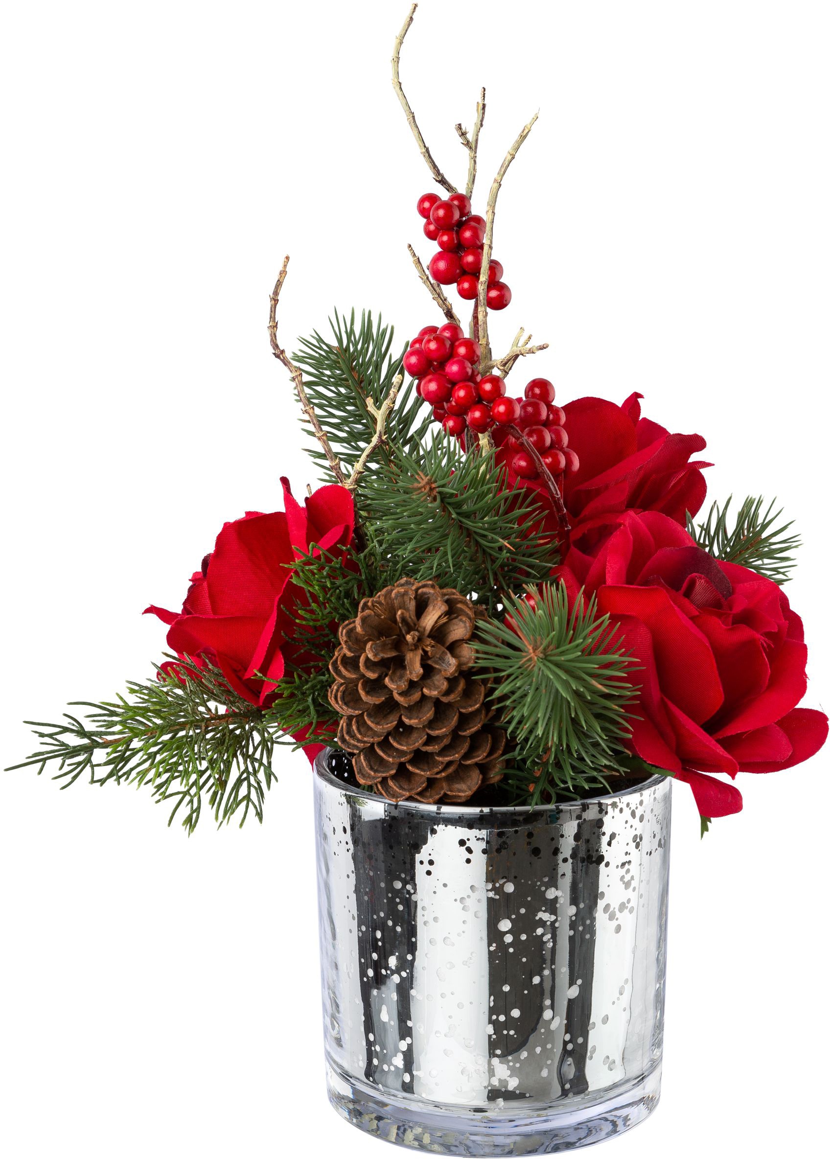Creativ green Winterliche Glasvase,mit Kunstpflanze Gesteck »Weihnachtsdeko BAUR rot«, in | und Zapfen Beeren