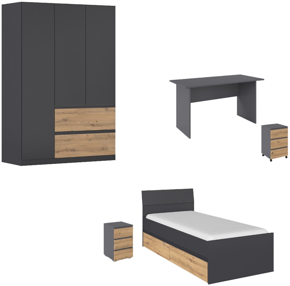rauch "Komplettzimmer Schlafzimmer-Set (5-St.) Jugendzimmer-Set JOEL" Set, Bett 90x200 oder 140x200 cm, Ausstattungspakete BASIC/CLASSIC/PREMIUM, 5 Stk. tlg. Bett 2 Breiten,Nachttisch,Tisch,Rollcontainer,Schrank MADE IN GERMANY