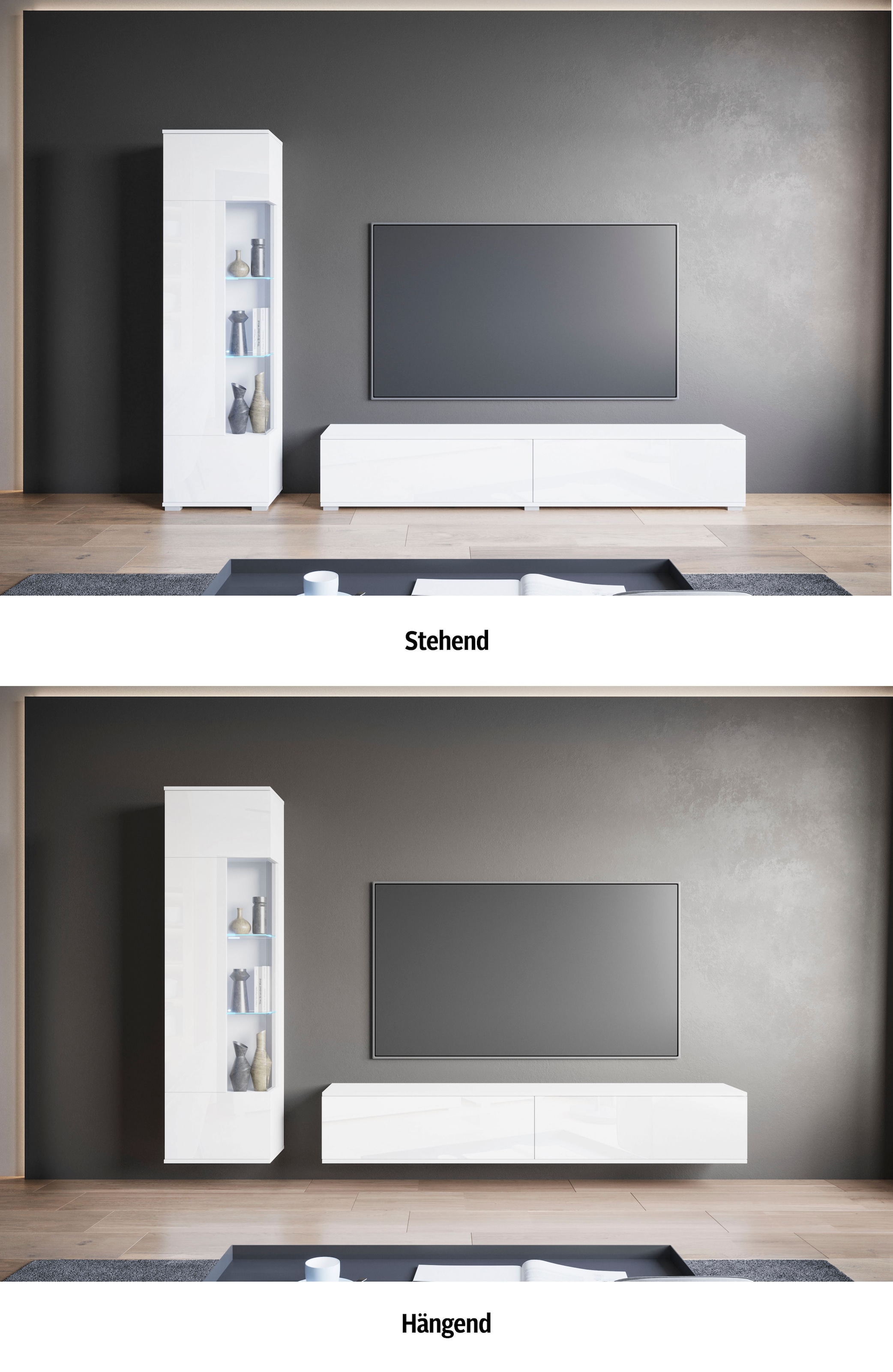 INOSIGN Wohnwand »Kenia, Vitrine Türanschlag links/rechts wechselbar«, (Komplett-Set, 2 St.), Vitrine mit Eckverglasung, hängend und stehend montierbar