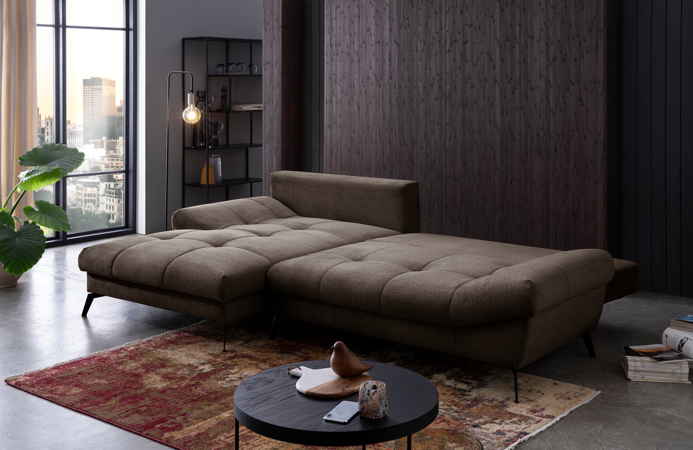 exxpo - sofa fashion Ecksofa »Olmedo, extravagantes Design und toller Sitzkomfort, L-Form«, inklusive Bettfunktion, Bettkasten und Rückenkissen