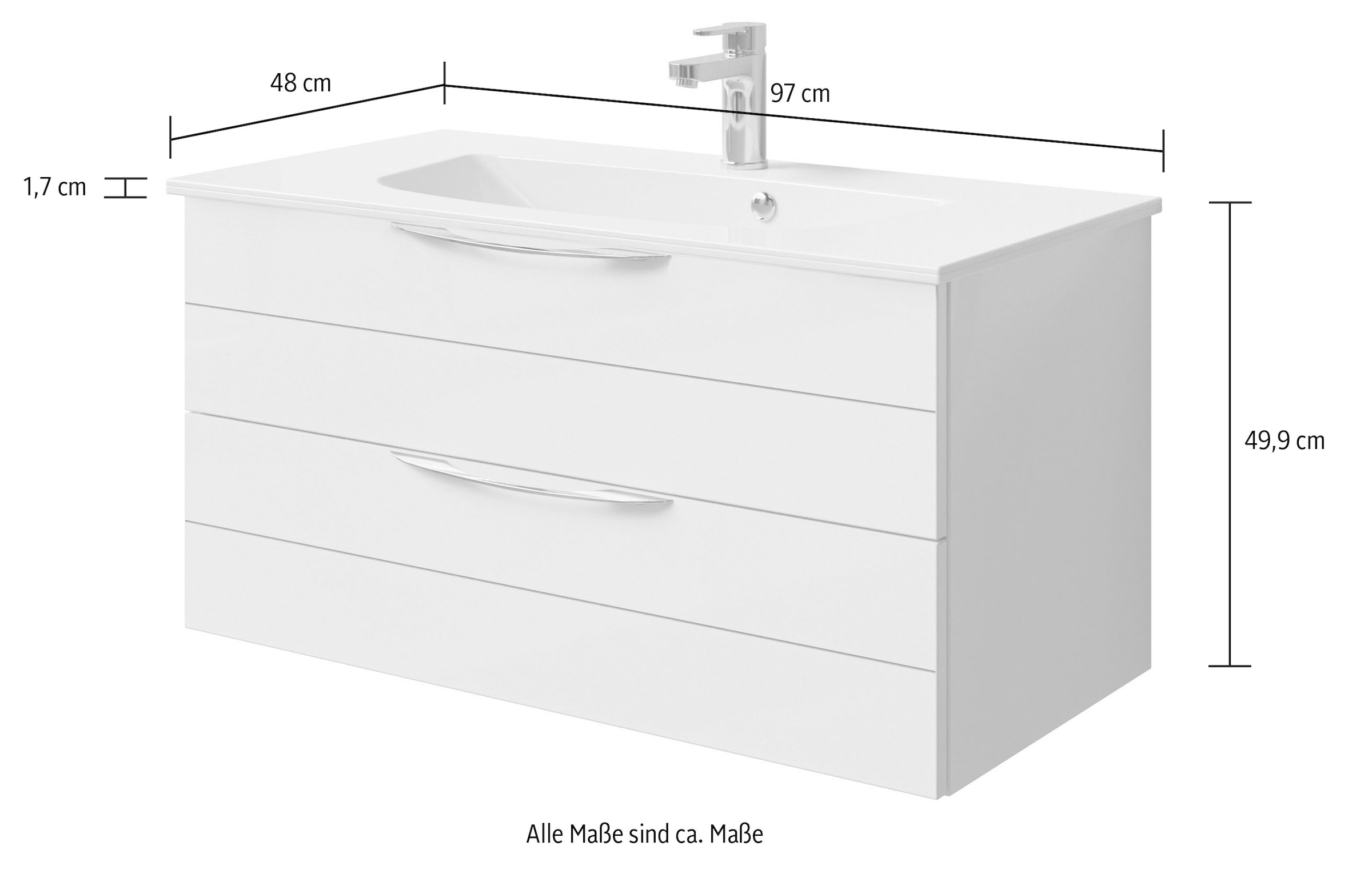 Saphir Waschtisch »Serie 6025 Mineralmarmor-Waschtisch mit Unterschrank, 97 cm breit«, Waschplatz mit 2 Schubladen, hängend, verschiedene Ausführungen