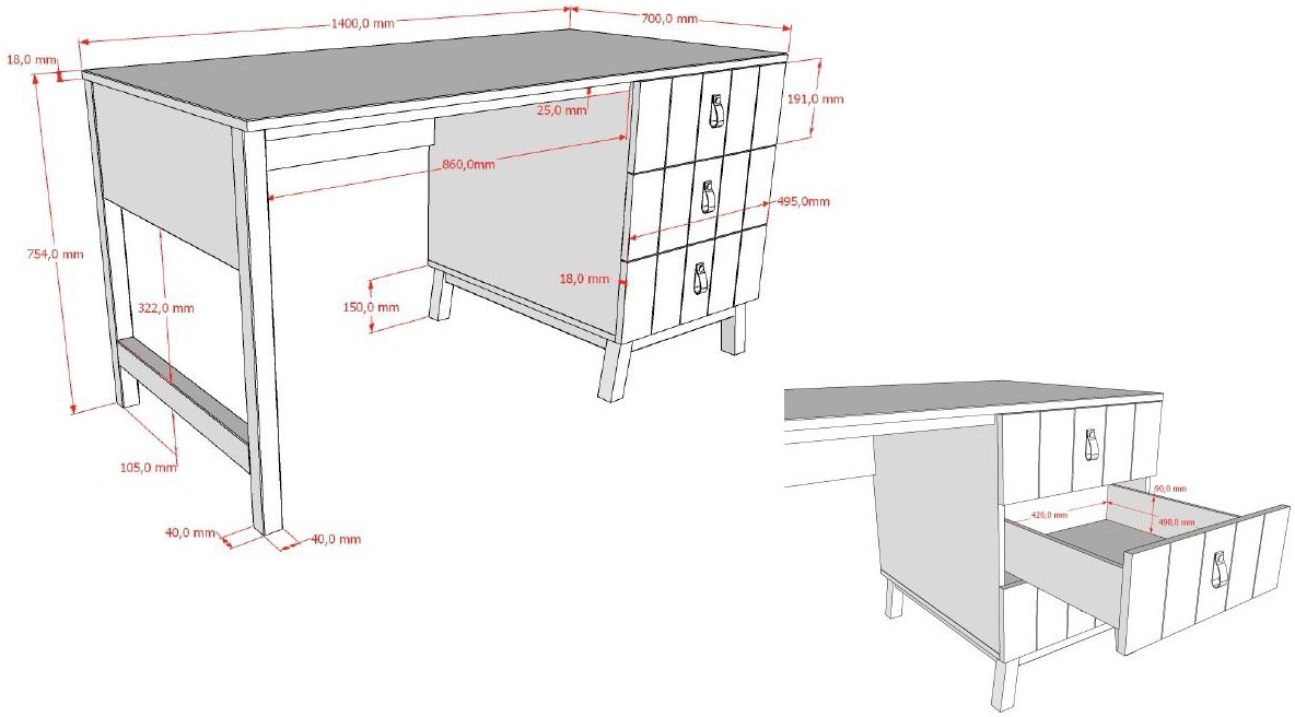 Vipack Schreibtisch »Sezane mit großer Arbeitsplatte und 3 geräumigen Schubladen« MDF Clay (warmes Grau) farben lackiert, Sockel nussbaumfarbig