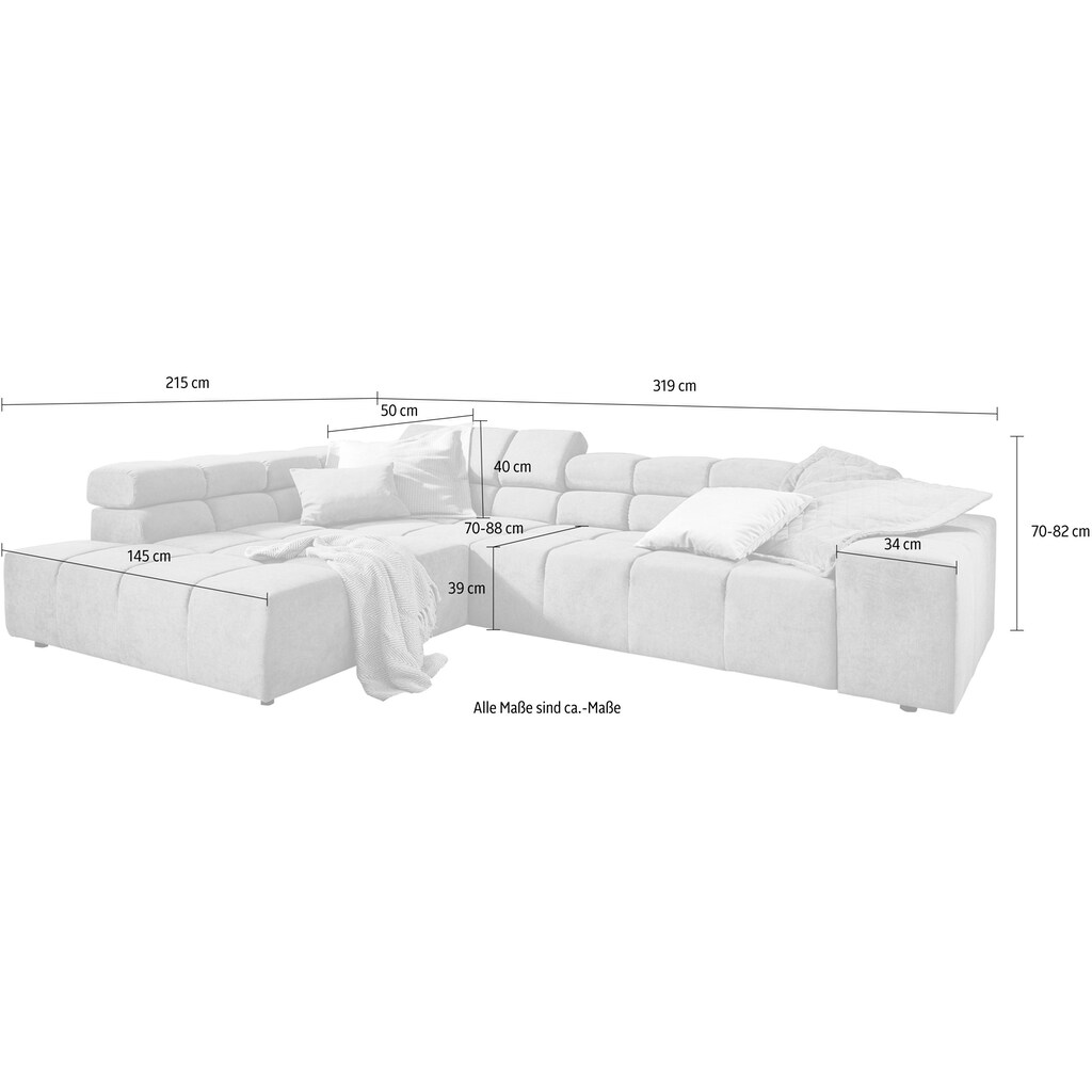 INOSIGN Ecksofa »Ancona incl. Kopfteilverstellung, Zierkissen B/T/H: 319/210/70 cm«