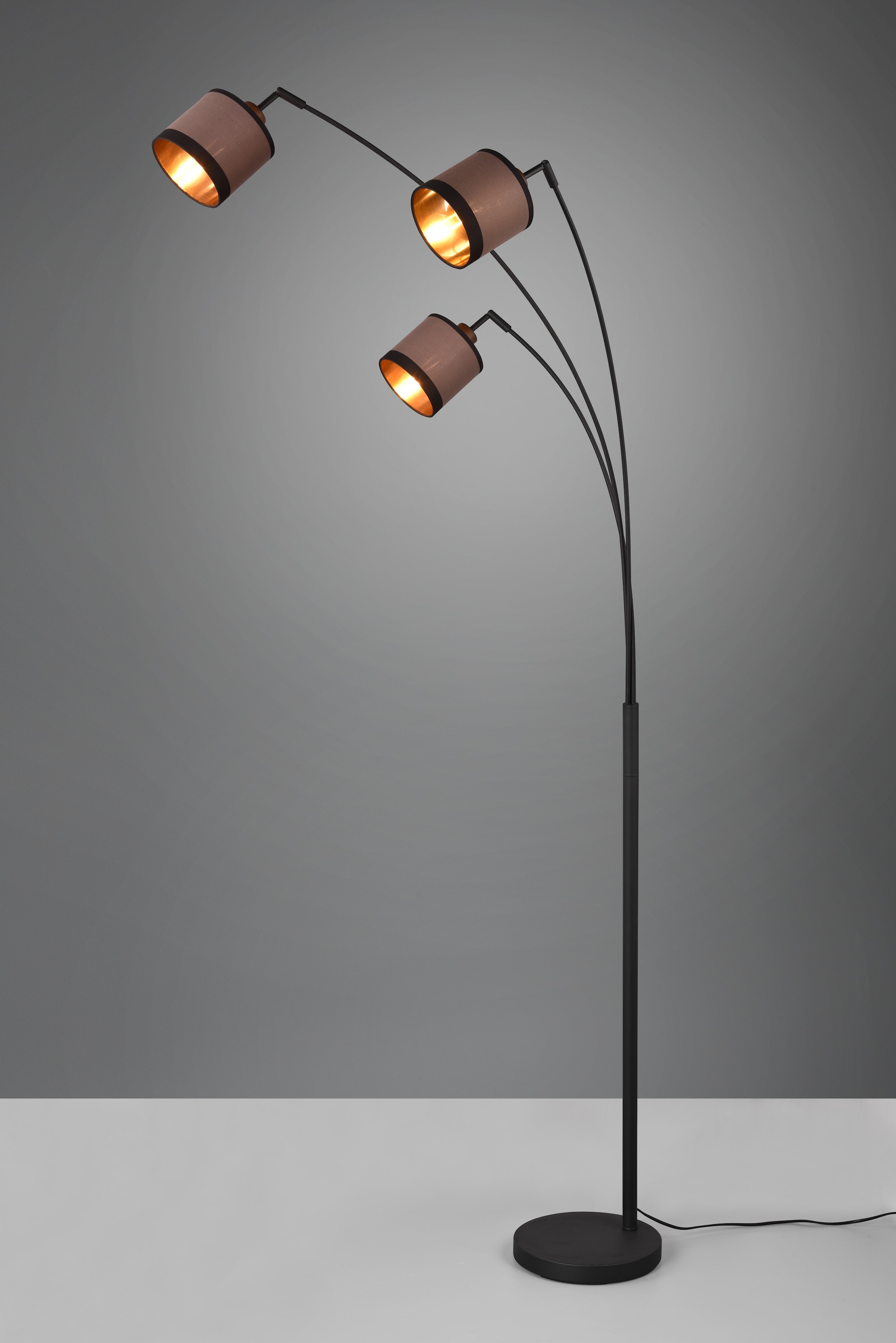 REALITY Leuchten Stehlampe »DAVOS, Stehleuchte 3-flammig exkl 3xE14 max 28W Fußschalter 185cm hoch«, 3 flammig, Leuchtmittel E14 | Leuchtmittel wechselbar, Stehlampe Metall mit 2-farbigen Stoffschirmen Bogenlampe Bogenleuchte
