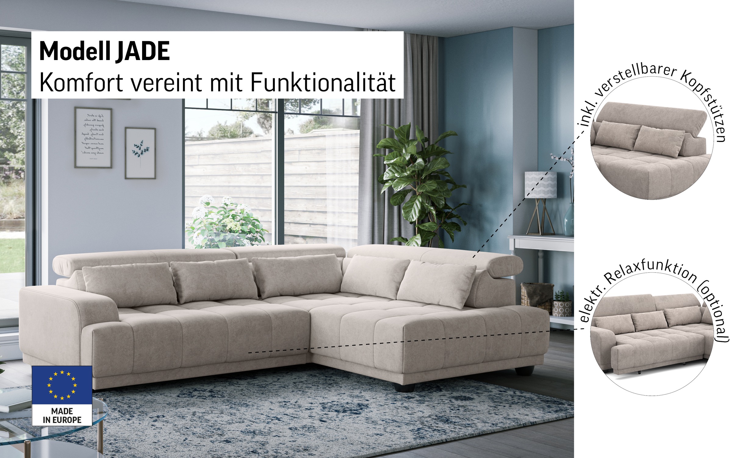 Thumbnail - COTTA Ecksofa "Jade - L Form, Sitzbreite 201 cm" inkl. Kopfteilverstellung und Nierenkissen, PUR-Schaumpolsterung