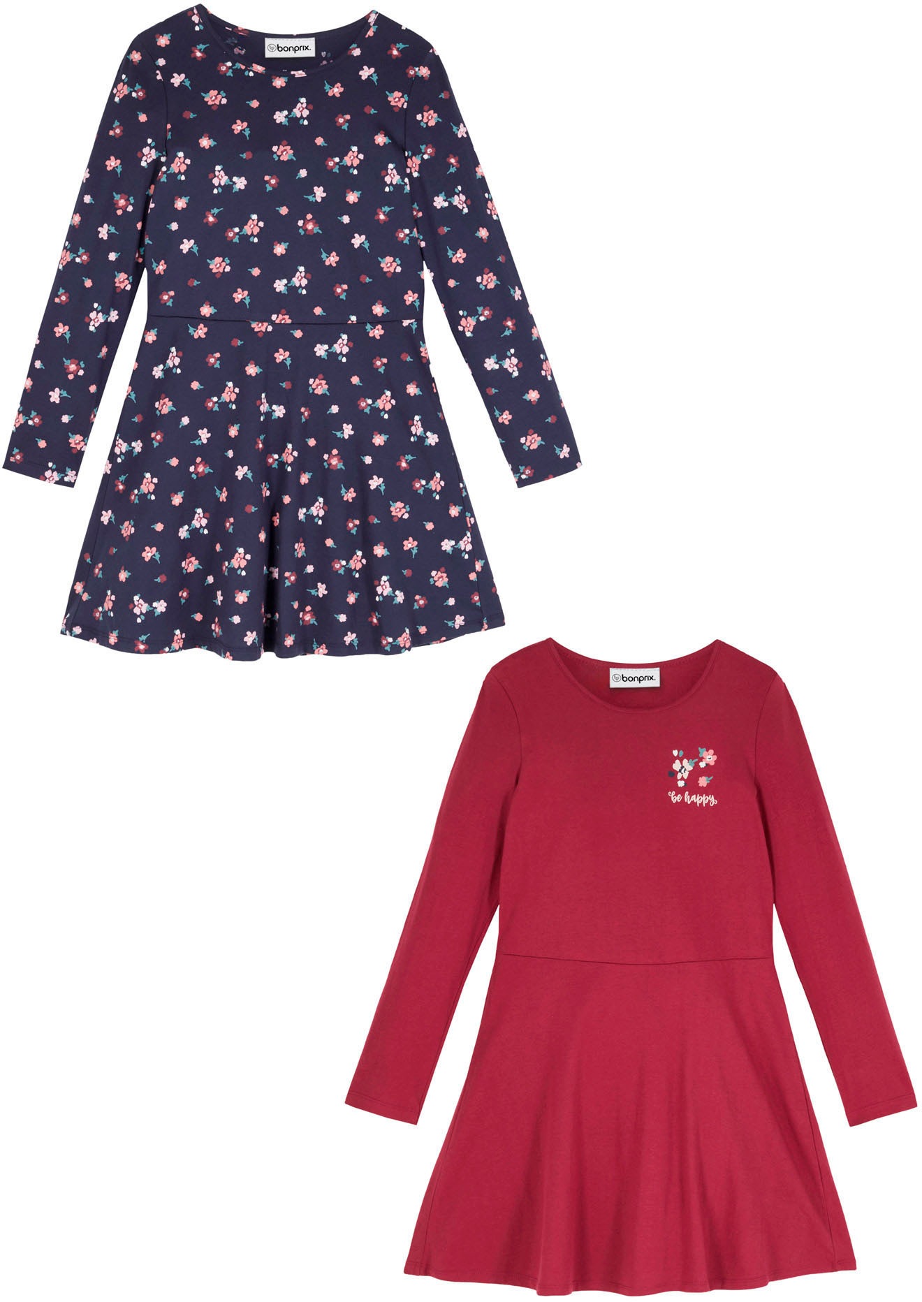 bonprix Jerseykleid Packung, 2, 2 Stk. tlg. für den Alltag, aus Baumwolle, Regular Fit, mit Print und unifarben