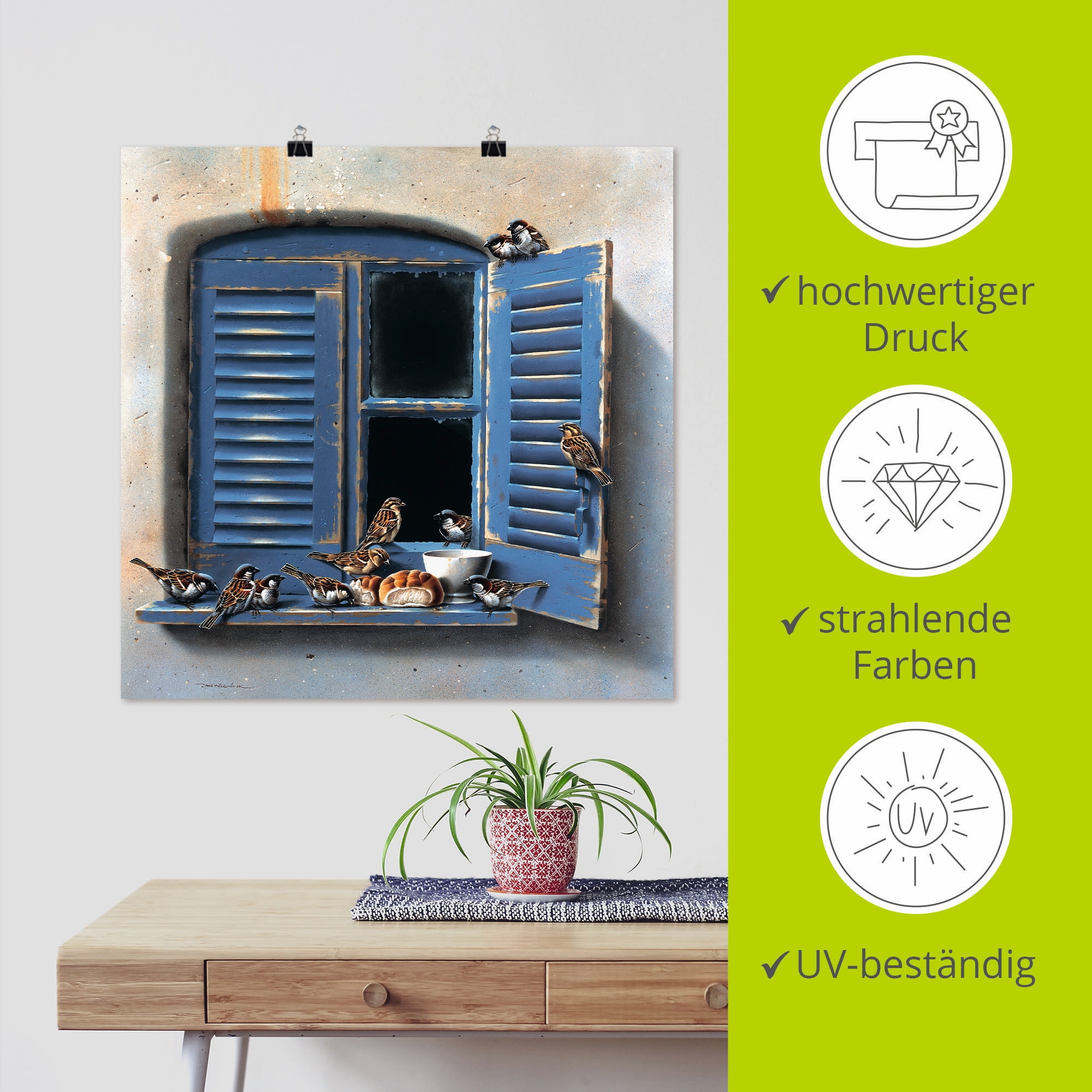 Artland Wandbild »Vogelbesuch II«, Fenster & Türen, (1 St.), als Leinwandbild, Poster in verschied. Größen