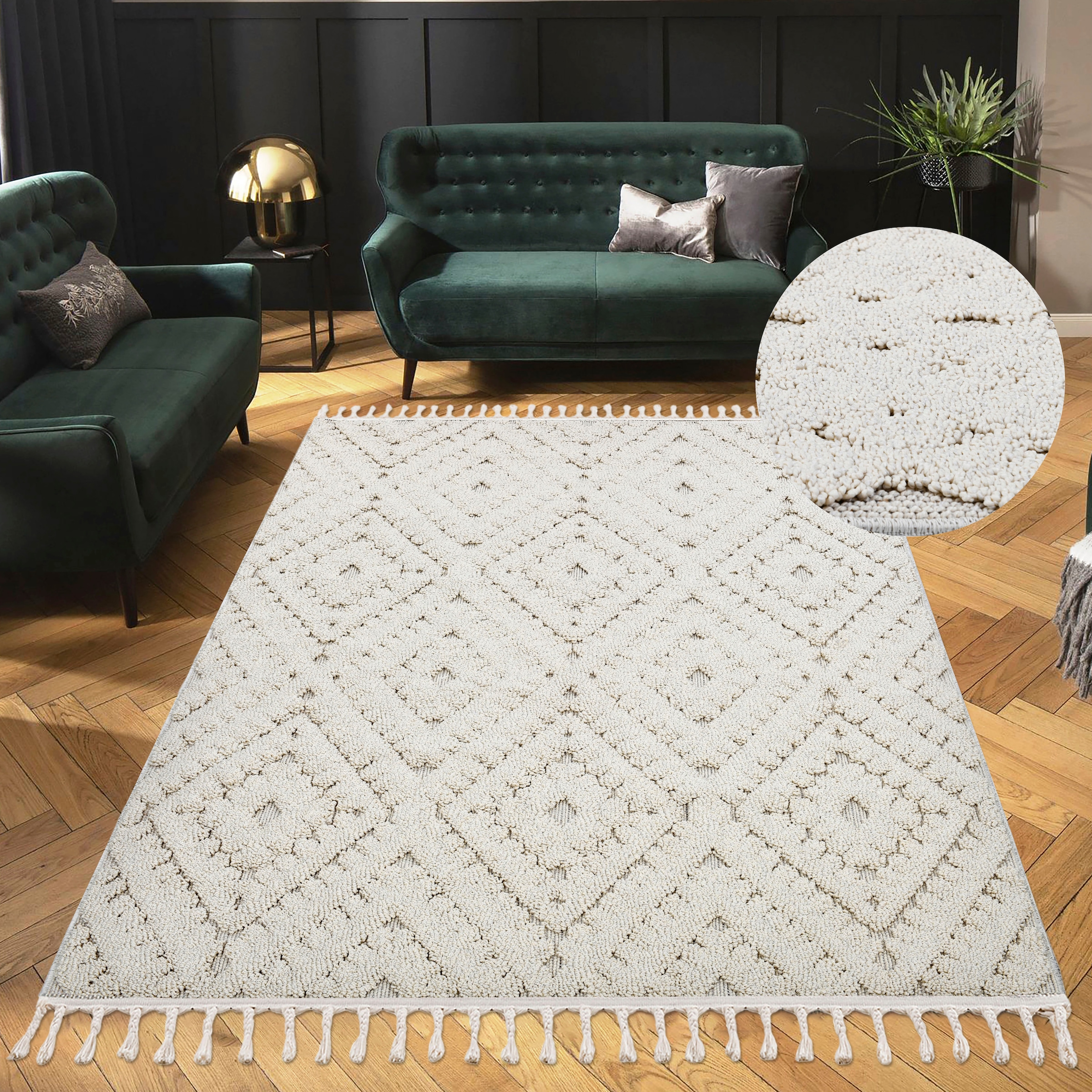 my home Teppich »Rayan«, Fransen, Woll-Look, mit Hoch-Tief-Struktur, Boho, Rauten-Muster | rechteckig, BAUR