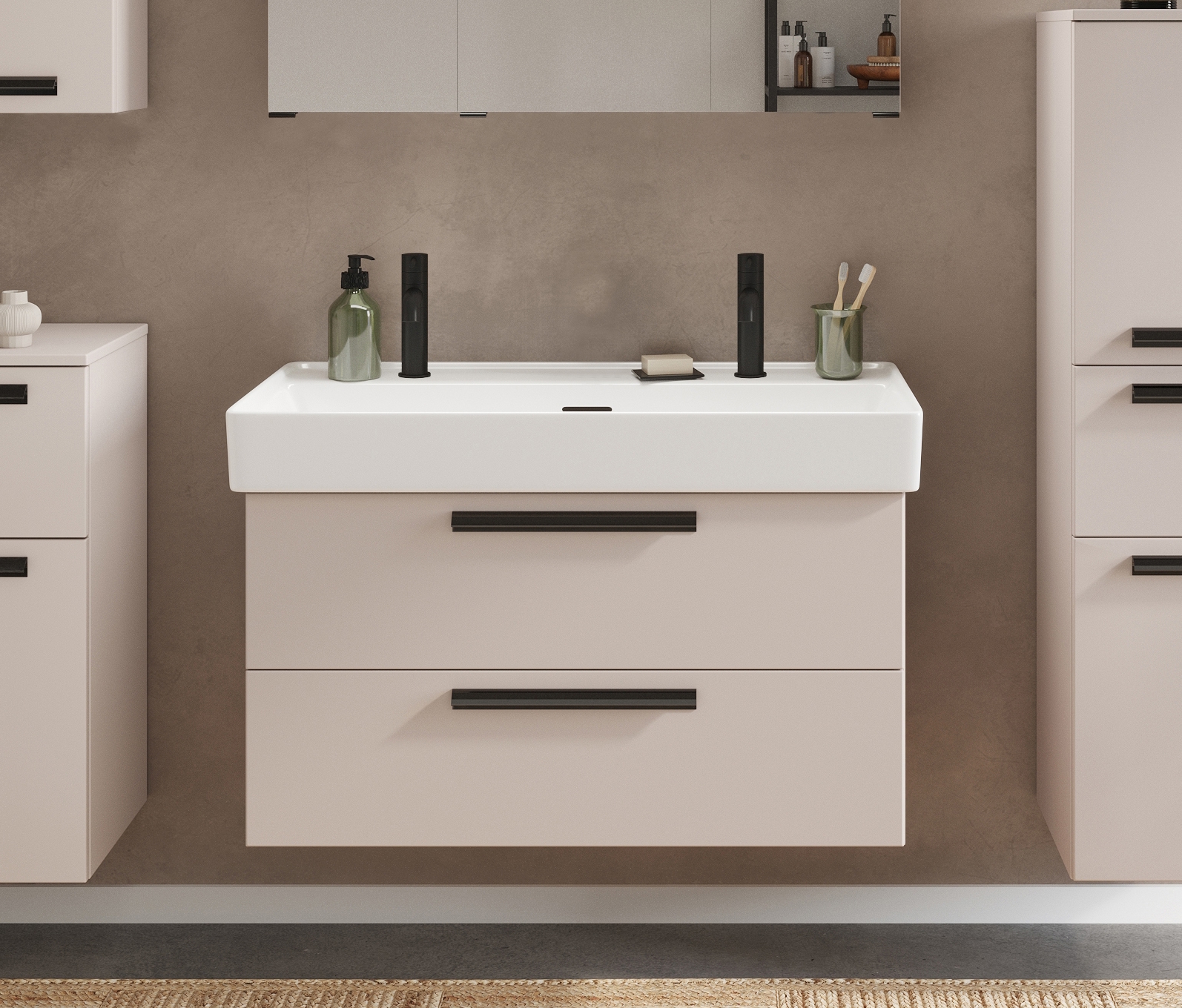 welltime Waschtisch »SALVADA, Softclose-Auszüge, Keramikbecken« Maße (B/T/H): 100/48/63 cm,  Kaschmir, Lochbohrung für zwei Armaturen, Anti-Finger-Print