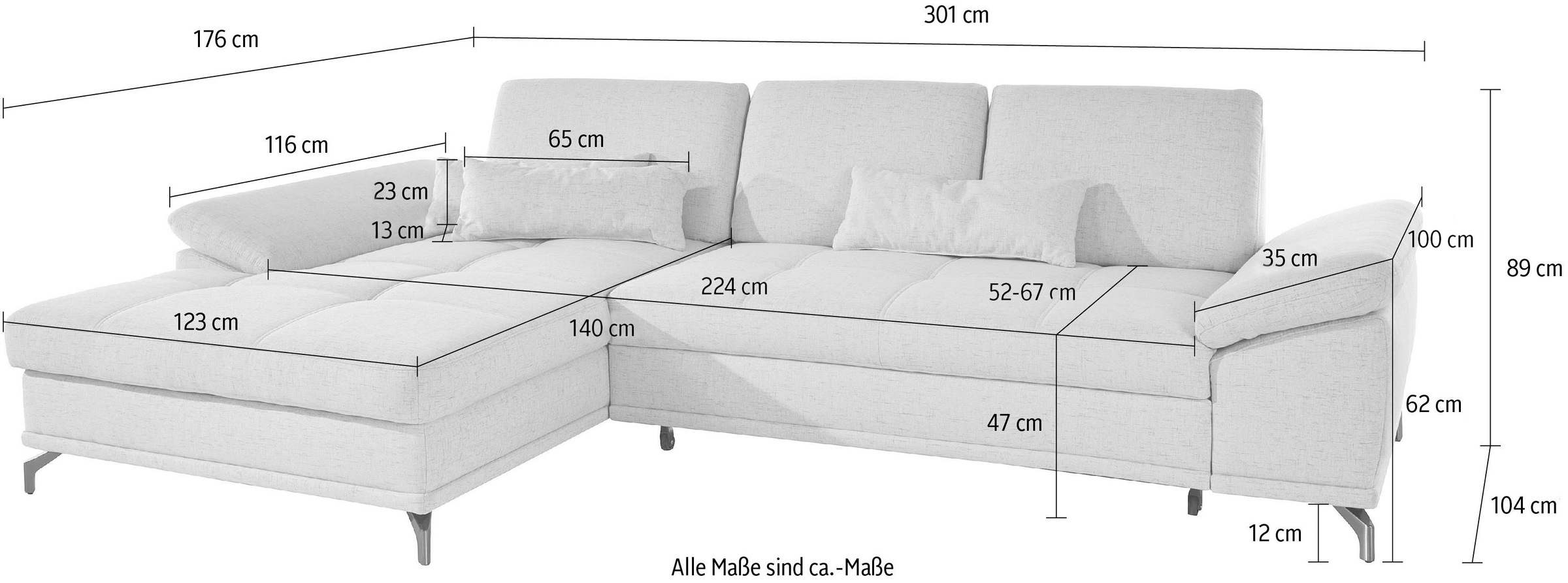 Places of Style Ecksofa Costello, mit Sitztiefenverstellung und Armlehnfunktion, incl. 3 Nierenkissen