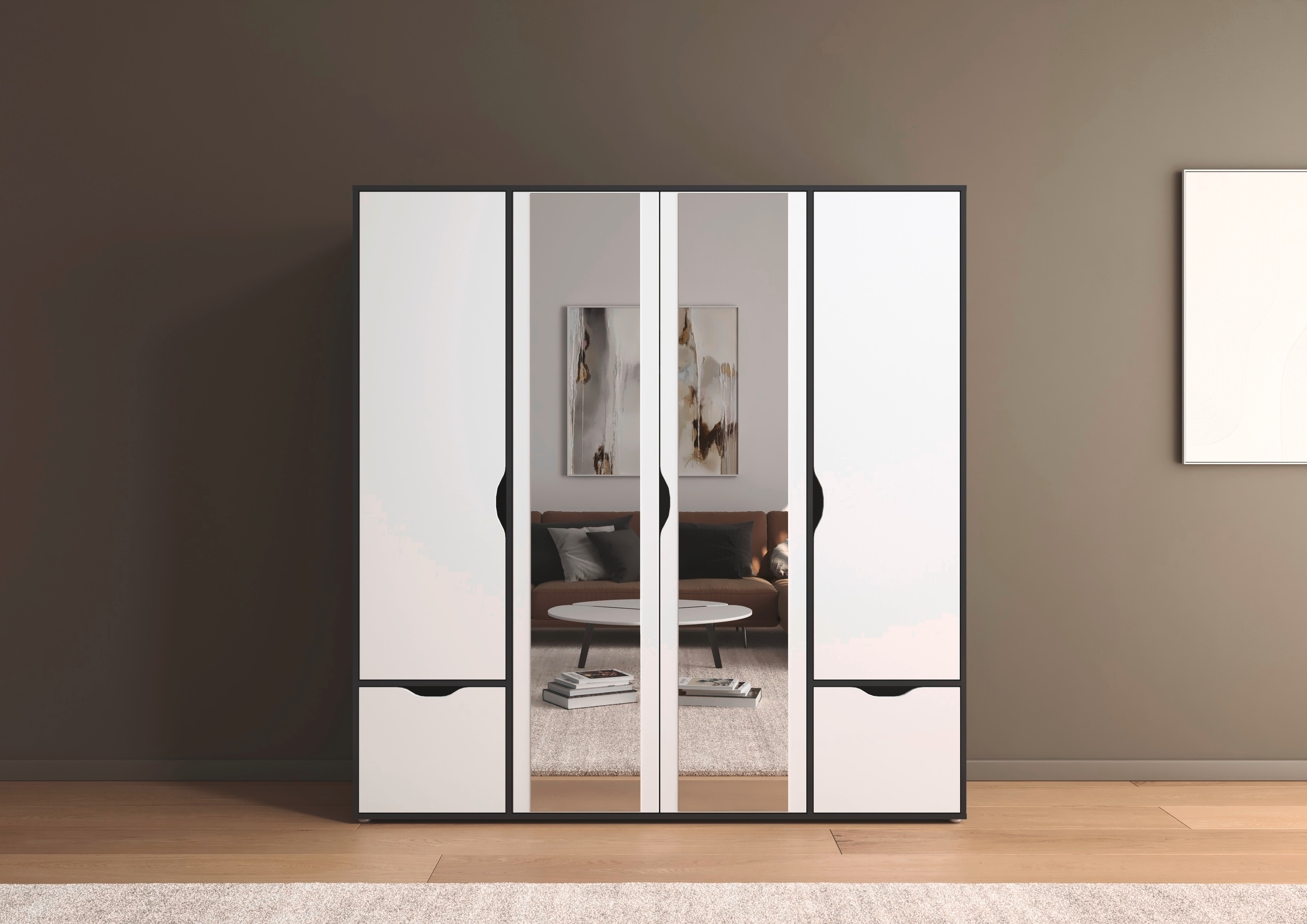 rauch Drehtürenschrank "Kleiderschrank Schrank Garderobe Wäscheschrank NARAI mit Schubladen" in 3 verschiedenen Ausstattungen BASIC/CLASSIC/PREMIUM, Griffausfräsungen für eine grifflose Optik TOPSELLER MADE IN GERMANY