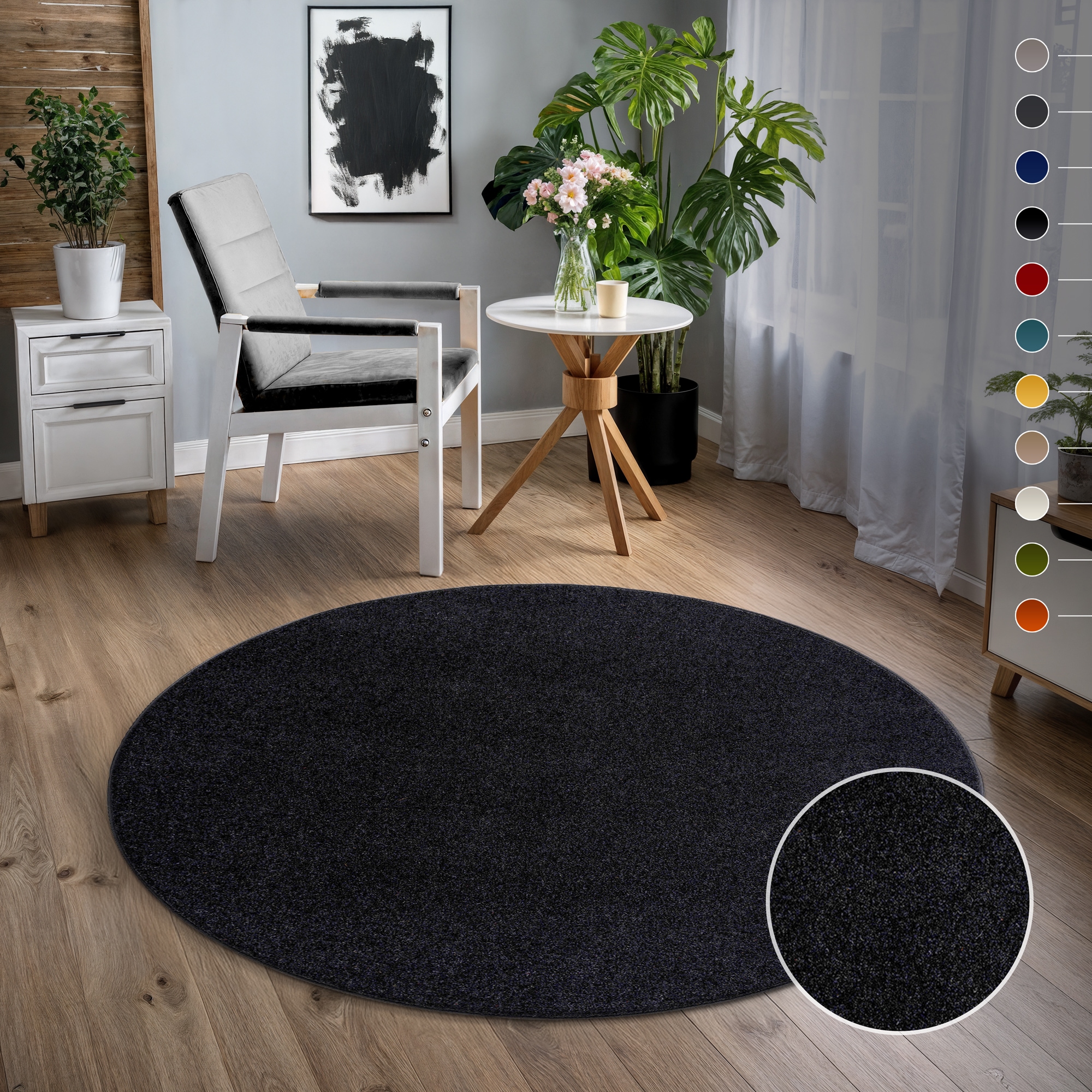 Sanat Teppich "UNI, auch als Läufer und Rund" rund 13 mm Höhe robuster Kurzflorteppich, große Farbauswahl, Wohnzimmer, alle Räume