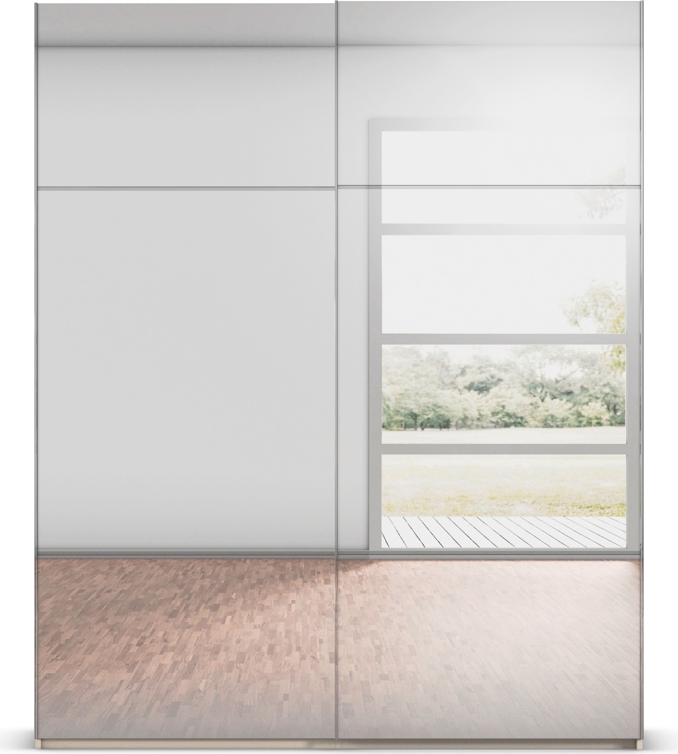 rauch Schwebetürenschrank »Kleiderschrank Schrank Garderobe Schlafzimmerschrank SCALE-TRIO«, edle dreigeteilte Front mit 2 Zierleisten Spiegelfront MADE IN GERMANY