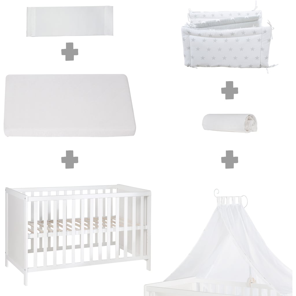 roba® Babybett »Multifunktionsbett mit Beistellfunktion«, (8 tlg.), Lattenrost, Matratze, Nestchen, Bettverkleinerer, Himmel, Himmelstange