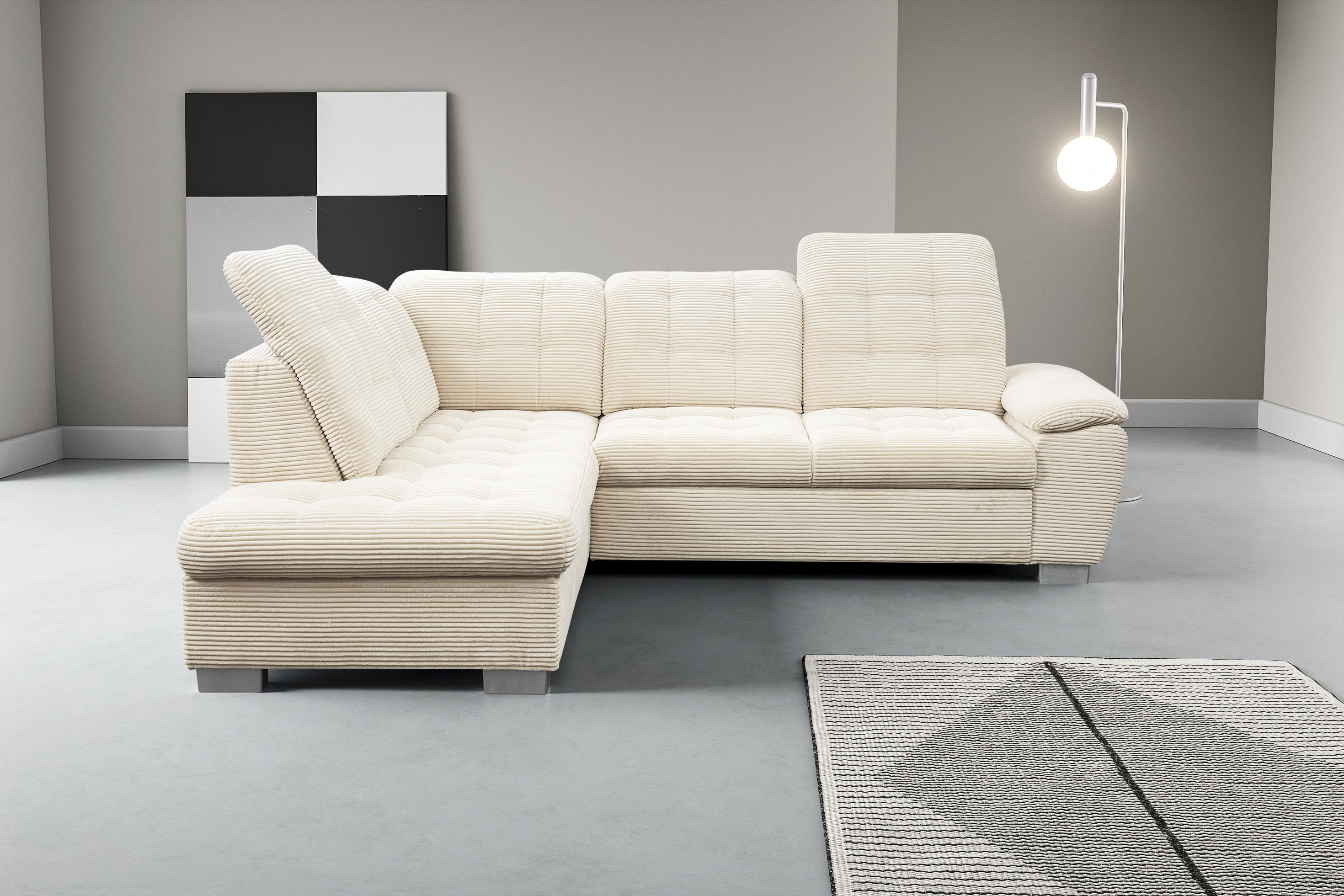WERK2 Ecksofa "Bonny 265 x 215 cm inkl. Kopfteilverstellung modern und bequem" Cord, L-Form, Schlaffunktion, Bettkasten