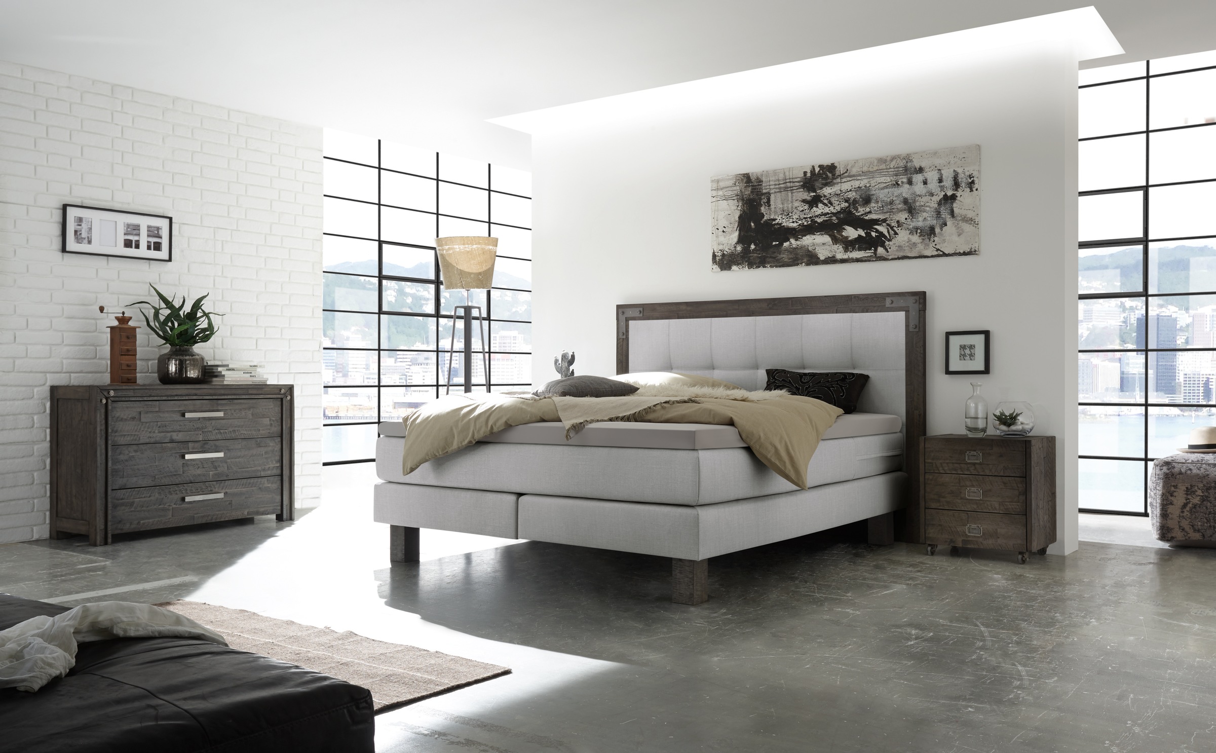 HASENA Boxspringbett Memphis, im Vintagelook, Massivholz-Umrandung, Tonnentaschen-Federkernmatratze
